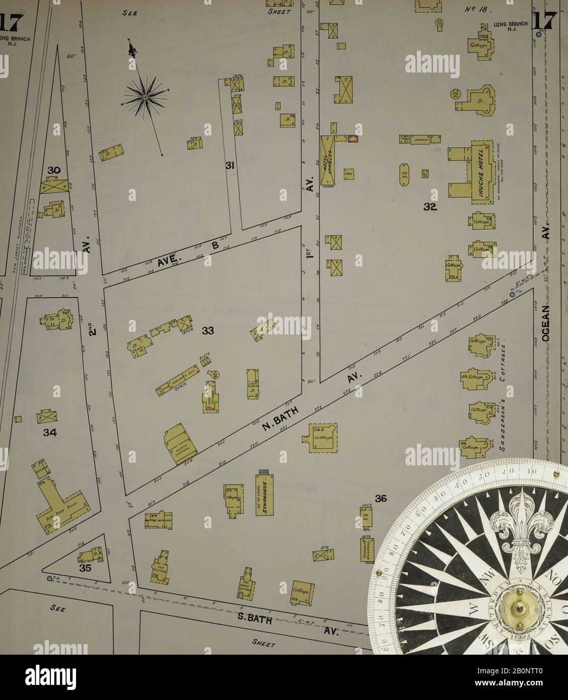 Immagine 19 Della Mappa Sanborn Fire Insurance Dal New Jersey Coast, New Jersey Coast, New Jersey. 1890 Vol. 1. 56 fogli. Include Atlantic Highlands, Seaside, Navesink-Highlands, Highland Beach, Sea Bright, Monmouth Beach, North Long Branch, Long Branch. Bound, America, mappa stradale con una bussola Del Xix Secolo Foto Stock