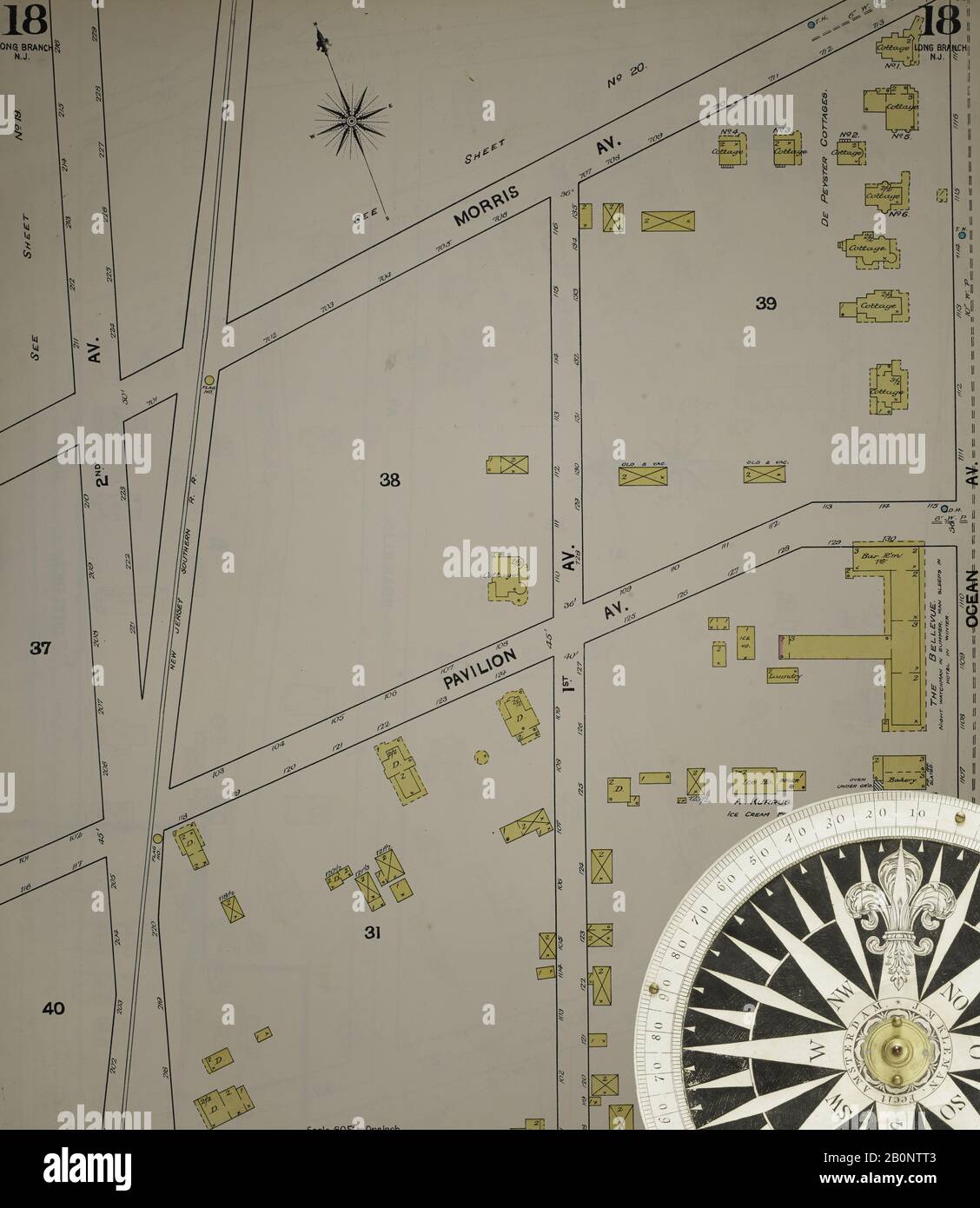 Immagine 20 Della Mappa Sanborn Fire Insurance Dal New Jersey Coast, New Jersey Coast, New Jersey. 1890 Vol. 1. 56 fogli. Include Atlantic Highlands, Seaside, Navesink-Highlands, Highland Beach, Sea Bright, Monmouth Beach, North Long Branch, Long Branch. Bound, America, mappa stradale con una bussola Del Xix Secolo Foto Stock