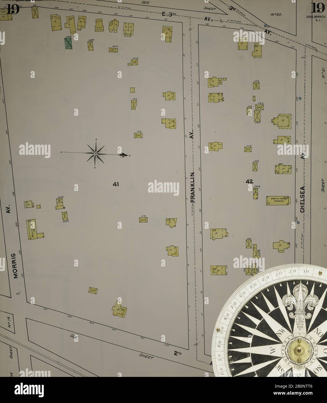 Immagine 21 Della Mappa Sanborn Fire Insurance Dal New Jersey Coast, New Jersey Coast, New Jersey. 1890 Vol. 1. 56 fogli. Include Atlantic Highlands, Seaside, Navesink-Highlands, Highland Beach, Sea Bright, Monmouth Beach, North Long Branch, Long Branch. Bound, America, mappa stradale con una bussola Del Xix Secolo Foto Stock