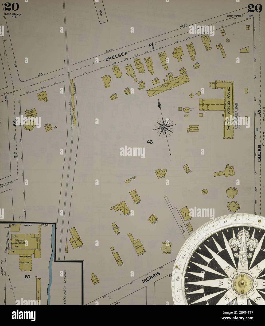 Immagine 22 Della Mappa Sanborn Fire Insurance Dal New Jersey Coast, New Jersey Coast, New Jersey. 1890 Vol. 1. 56 fogli. Include Atlantic Highlands, Seaside, Navesink-Highlands, Highland Beach, Sea Bright, Monmouth Beach, North Long Branch, Long Branch. Bound, America, mappa stradale con una bussola Del Xix Secolo Foto Stock