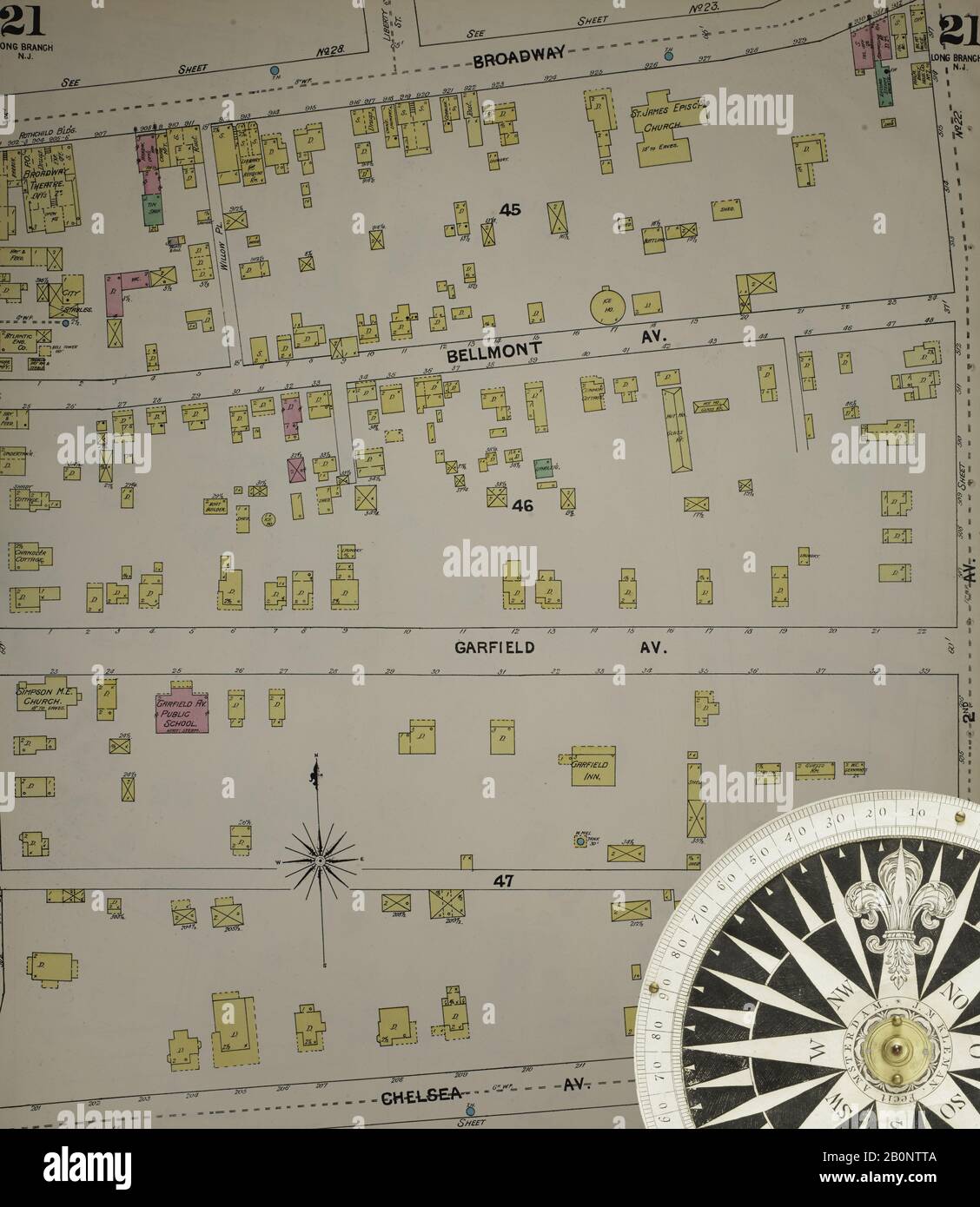 Immagine 23 Della Mappa Sanborn Fire Insurance Dal New Jersey Coast, New Jersey Coast, New Jersey. 1890 Vol. 1. 56 fogli. Include Atlantic Highlands, Seaside, Navesink-Highlands, Highland Beach, Sea Bright, Monmouth Beach, North Long Branch, Long Branch. Bound, America, mappa stradale con una bussola Del Xix Secolo Foto Stock