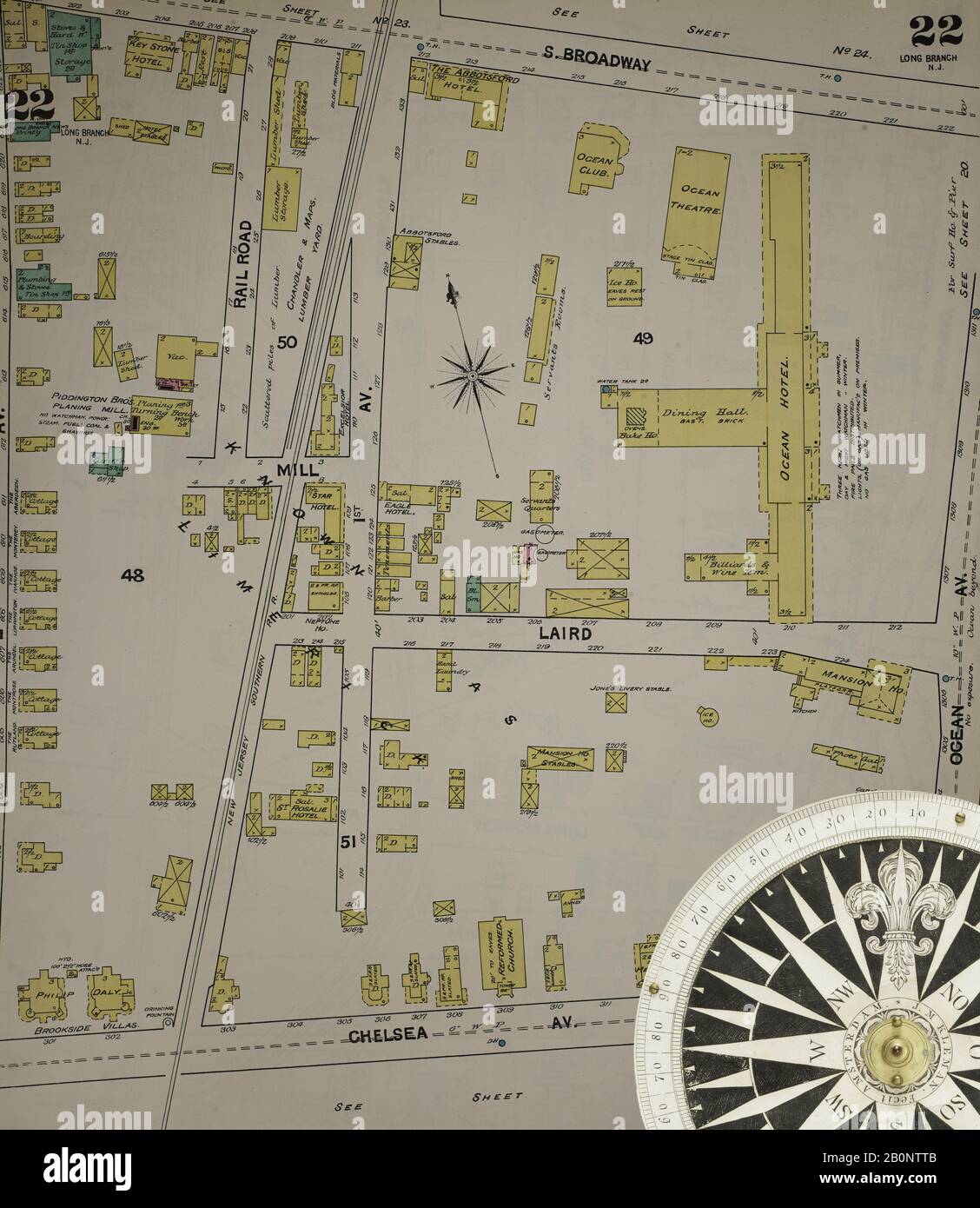 Immagine 24 Della Mappa Sanborn Fire Insurance Dal New Jersey Coast, New Jersey Coast, New Jersey. 1890 Vol. 1. 56 fogli. Include Atlantic Highlands, Seaside, Navesink-Highlands, Highland Beach, Sea Bright, Monmouth Beach, North Long Branch, Long Branch. Bound, America, mappa stradale con una bussola Del Xix Secolo Foto Stock