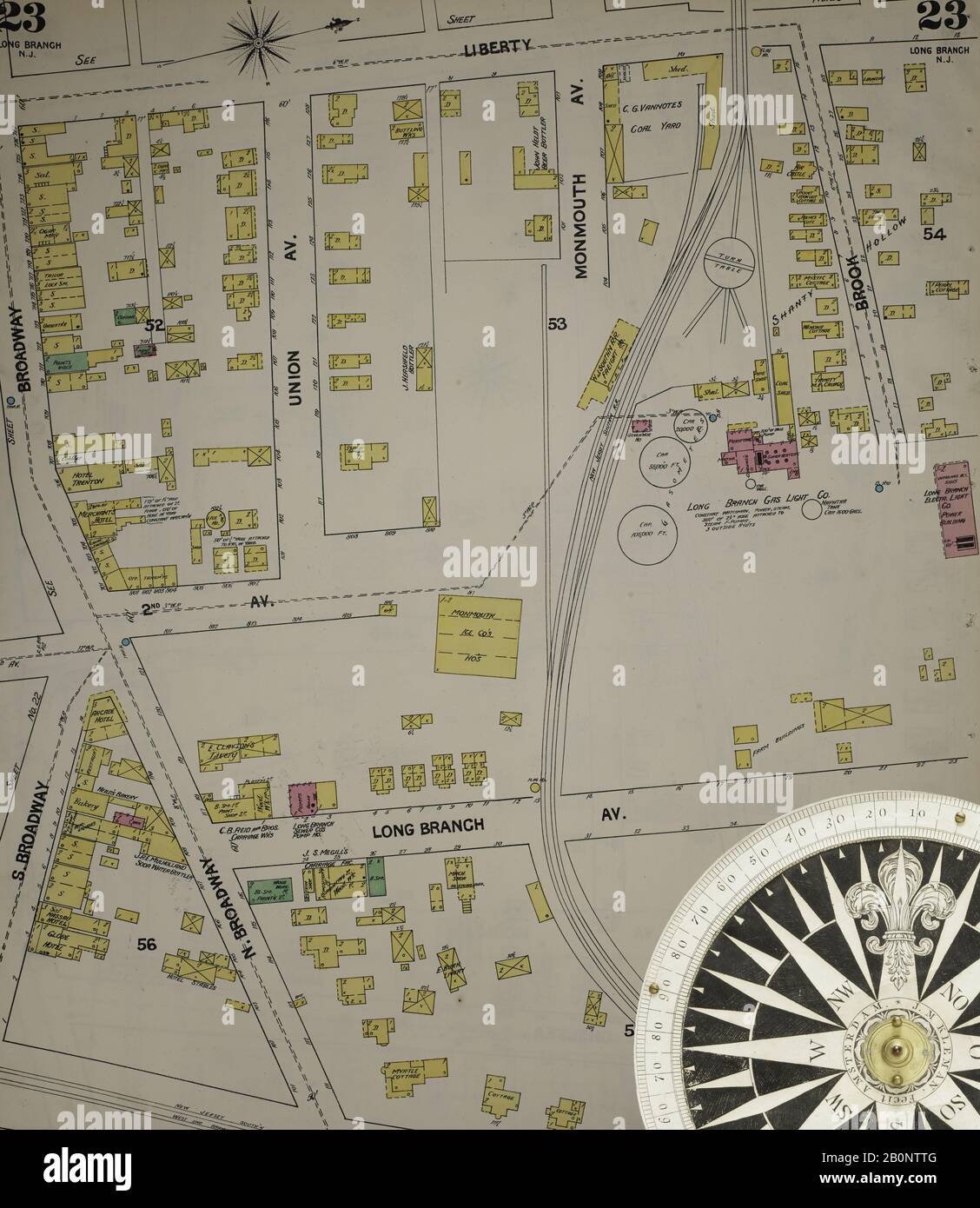 Immagine 25 Della Mappa Sanborn Fire Insurance Dal New Jersey Coast, New Jersey Coast, New Jersey. 1890 Vol. 1. 56 fogli. Include Atlantic Highlands, Seaside, Navesink-Highlands, Highland Beach, Sea Bright, Monmouth Beach, North Long Branch, Long Branch. Bound, America, mappa stradale con una bussola Del Xix Secolo Foto Stock
