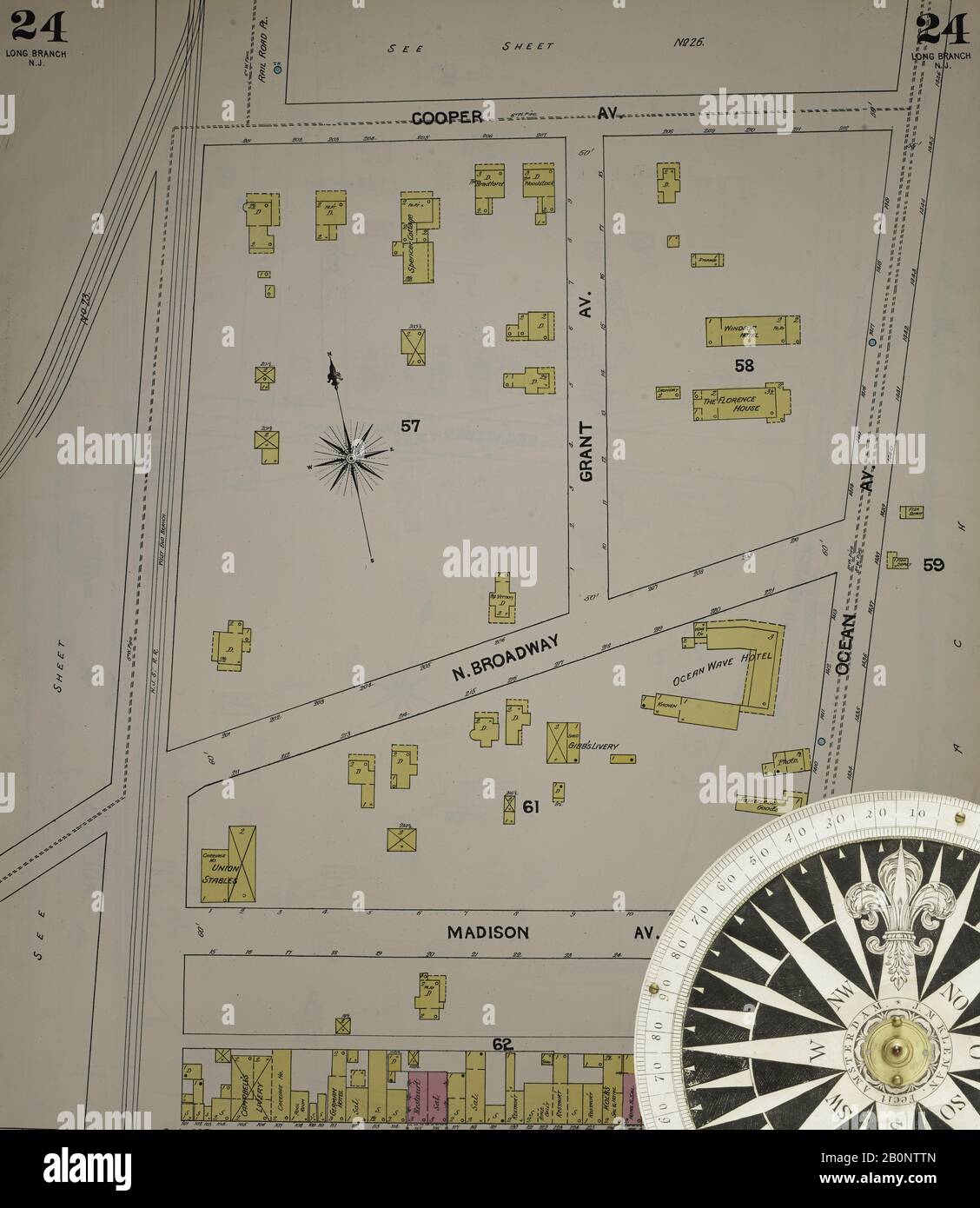 Immagine 26 Della Mappa Sanborn Fire Insurance Dal New Jersey Coast, New Jersey Coast, New Jersey. 1890 Vol. 1. 56 fogli. Include Atlantic Highlands, Seaside, Navesink-Highlands, Highland Beach, Sea Bright, Monmouth Beach, North Long Branch, Long Branch. Bound, America, mappa stradale con una bussola Del Xix Secolo Foto Stock