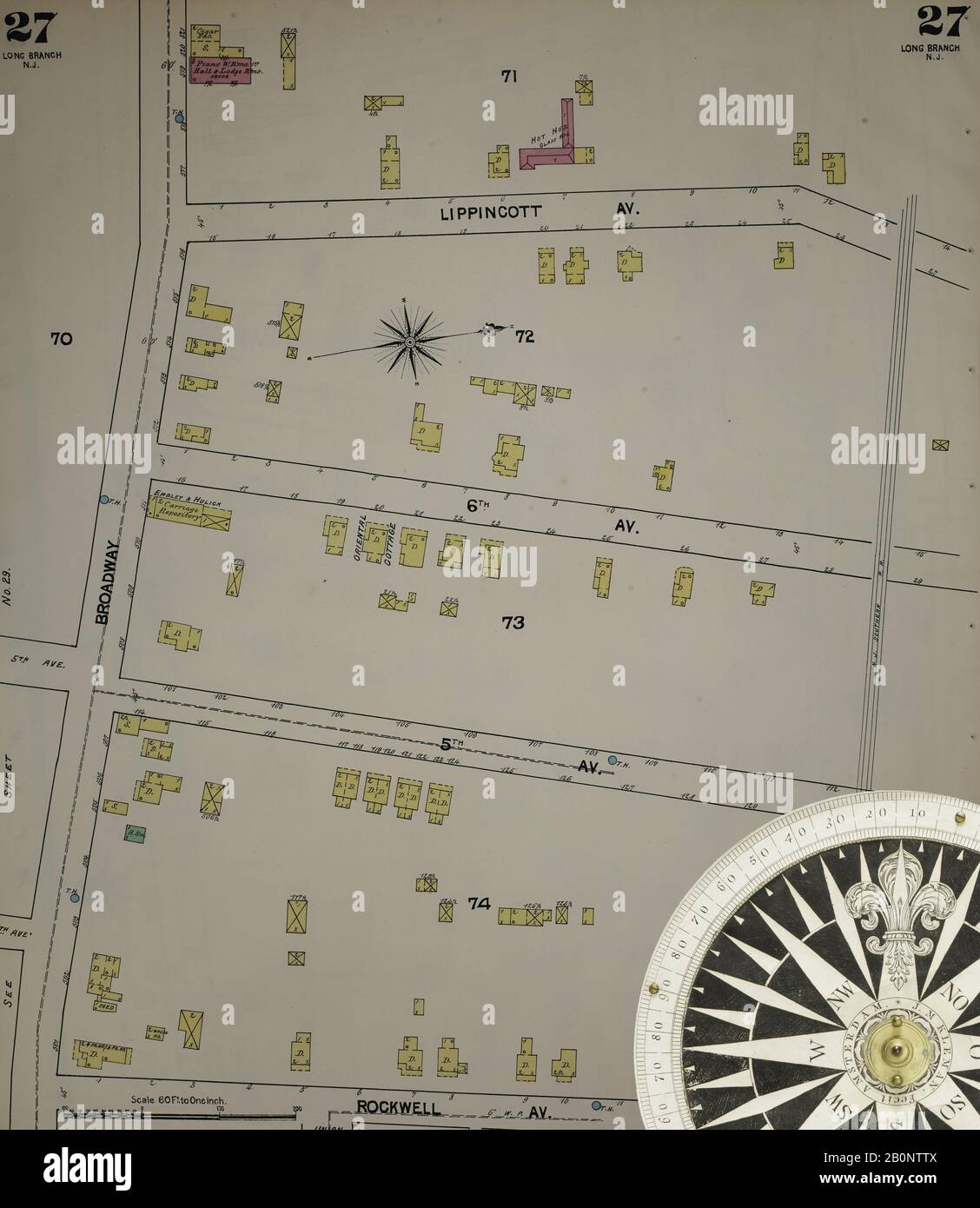 Immagine 29 Della Mappa Sanborn Fire Insurance Dal New Jersey Coast, New Jersey Coast, New Jersey. 1890 Vol. 1. 56 fogli. Include Atlantic Highlands, Seaside, Navesink-Highlands, Highland Beach, Sea Bright, Monmouth Beach, North Long Branch, Long Branch. Bound, America, mappa stradale con una bussola Del Xix Secolo Foto Stock