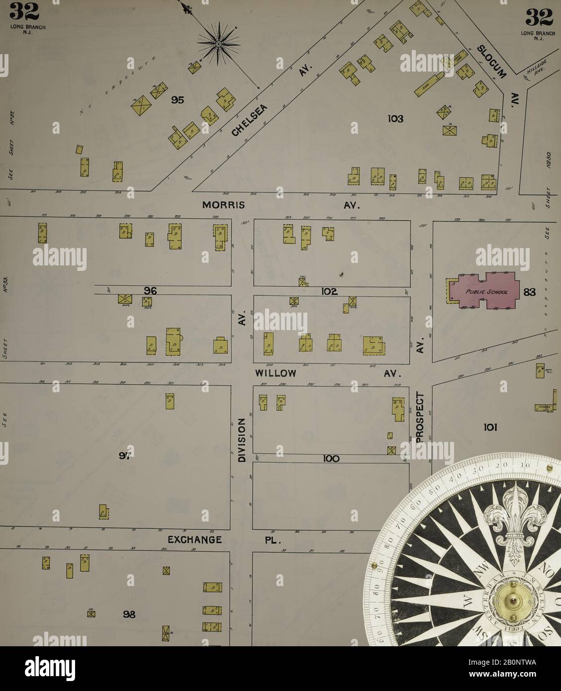 Immagine 34 Della Mappa Sanborn Fire Insurance Dal New Jersey Coast, New Jersey Coast, New Jersey. 1890 Vol. 1. 56 fogli. Include Atlantic Highlands, Seaside, Navesink-Highlands, Highland Beach, Sea Bright, Monmouth Beach, North Long Branch, Long Branch. Bound, America, mappa stradale con una bussola Del Xix Secolo Foto Stock