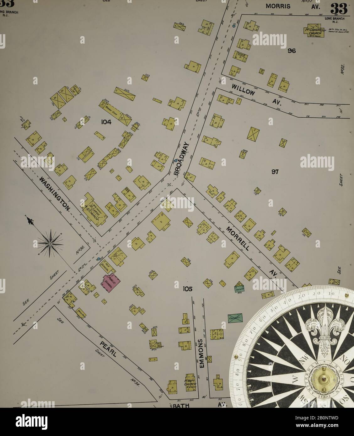 Immagine 35 Della Mappa Sanborn Fire Insurance Dal New Jersey Coast, New Jersey Coast, New Jersey. 1890 Vol. 1. 56 fogli. Include Atlantic Highlands, Seaside, Navesink-Highlands, Highland Beach, Sea Bright, Monmouth Beach, North Long Branch, Long Branch. Bound, America, mappa stradale con una bussola Del Xix Secolo Foto Stock