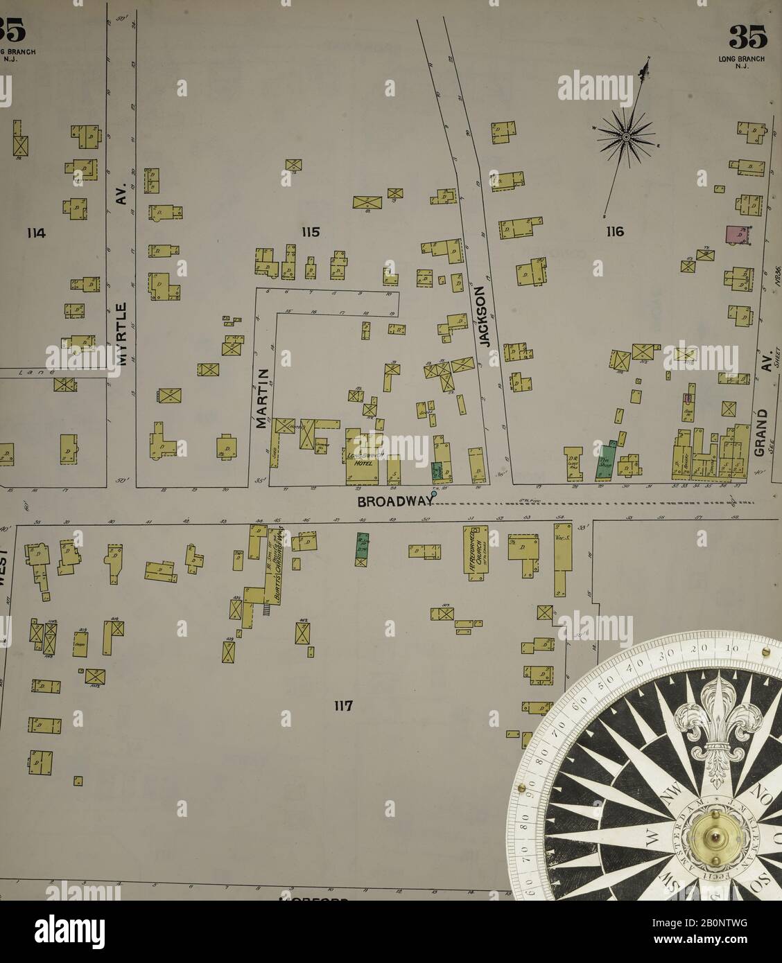 Immagine 37 Della Mappa Sanborn Fire Insurance Dal New Jersey Coast, New Jersey Coast, New Jersey. 1890 Vol. 1. 56 fogli. Include Atlantic Highlands, Seaside, Navesink-Highlands, Highland Beach, Sea Bright, Monmouth Beach, North Long Branch, Long Branch. Bound, America, mappa stradale con una bussola Del Xix Secolo Foto Stock