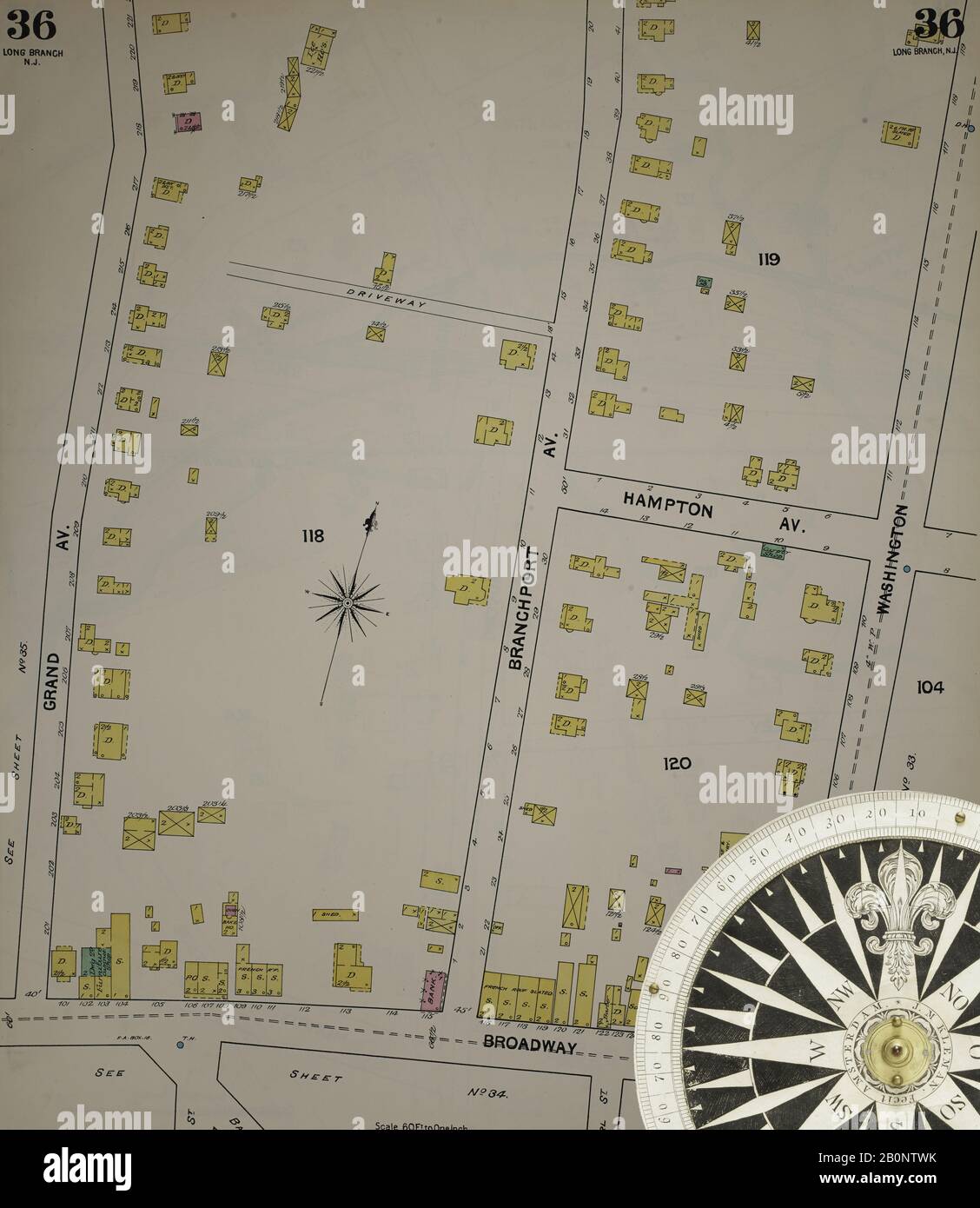Immagine 38 Della Mappa Sanborn Fire Insurance Dal New Jersey Coast, New Jersey Coast, New Jersey. 1890 Vol. 1. 56 fogli. Include Atlantic Highlands, Seaside, Navesink-Highlands, Highland Beach, Sea Bright, Monmouth Beach, North Long Branch, Long Branch. Bound, America, mappa stradale con una bussola Del Xix Secolo Foto Stock