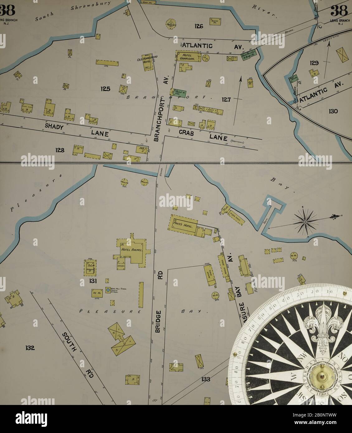 Immagine 40 Della Mappa Sanborn Fire Insurance Dal New Jersey Coast, New Jersey Coast, New Jersey. 1890 Vol. 1. 56 fogli. Include Atlantic Highlands, Seaside, Navesink-Highlands, Highland Beach, Sea Bright, Monmouth Beach, North Long Branch, Long Branch. Bound, America, mappa stradale con una bussola Del Xix Secolo Foto Stock