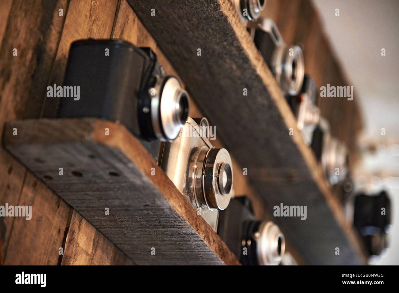 Una collezione di vecchie fotocamere fotografiche in mostra su una mensola in legno Foto Stock