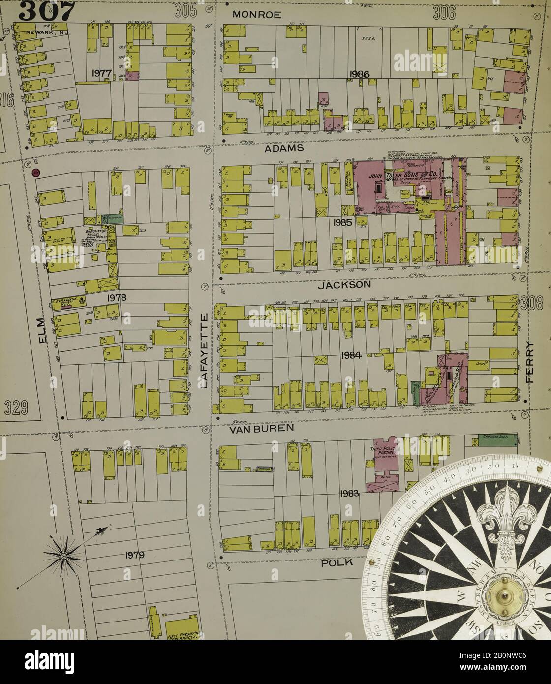 Immagine 9 Della Mappa Sanborn Fire Insurance Da Newark, Essex County, New Jersey. 1892 Vol. 4. 70 fogli. Mappa dei contorni che mostra i serbatoi di distribuzione delle opere d'acqua della città e i distretti forniti da ciascuno. Bound, America, mappa stradale con una bussola Del Xix Secolo Foto Stock