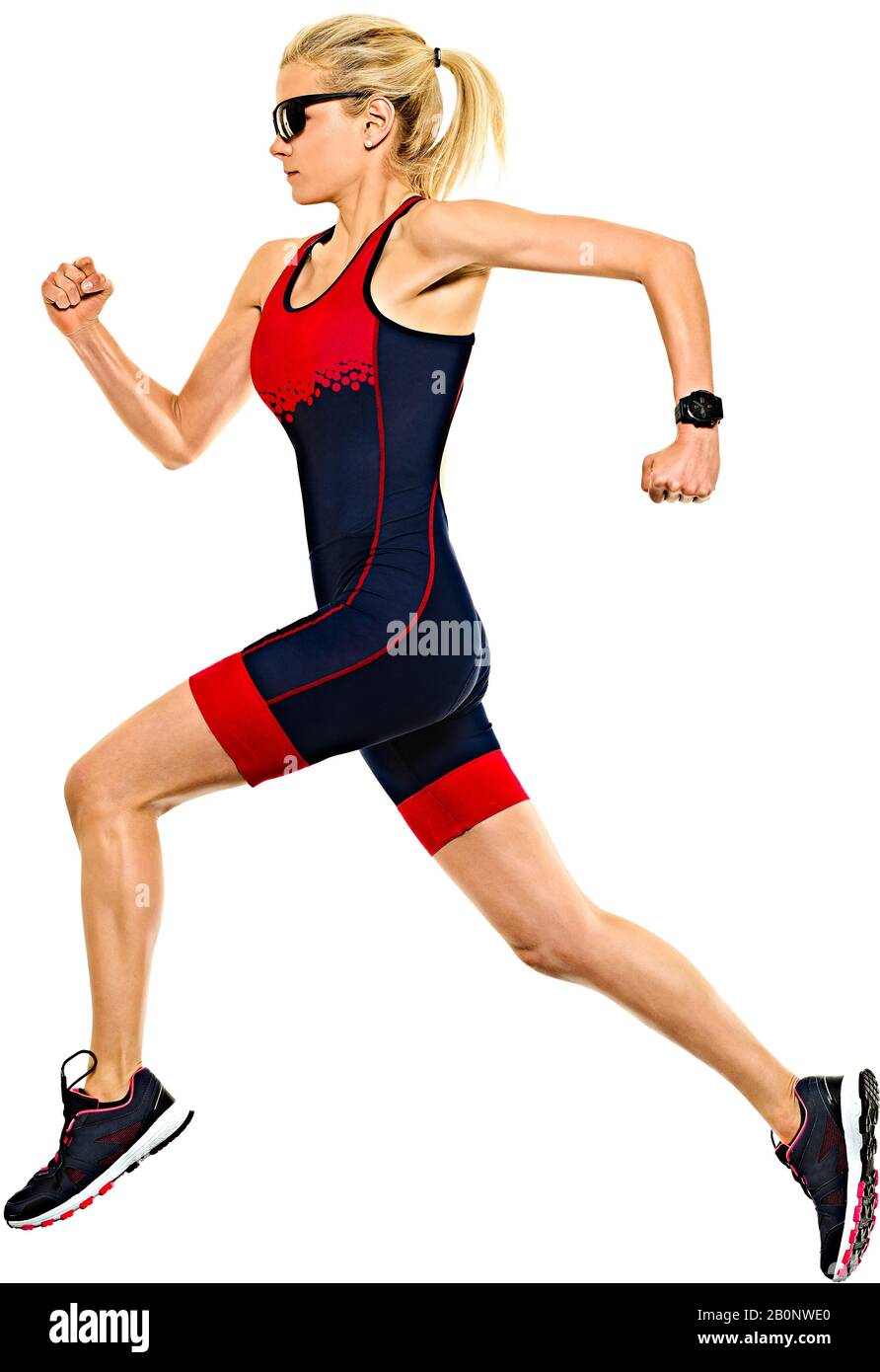 Una donna caucasica praticando triathlon Ironman triatleta runner acceso del jogging jogging in studio shot isolato su sfondo bianco Foto Stock