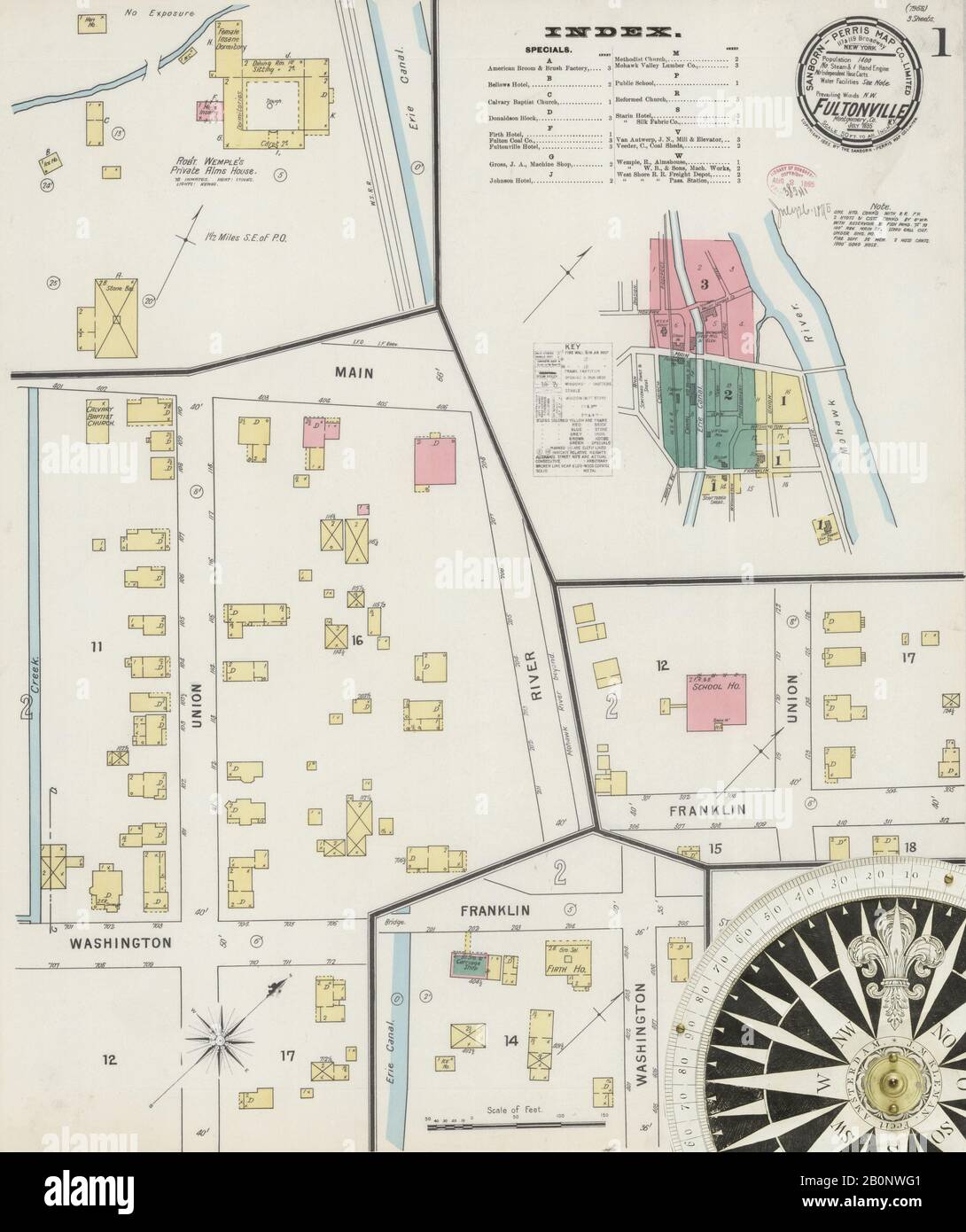 Immagine 1 Della Mappa Sanborn Fire Insurance Di Fultonville, Montgomery County, New York. Lug 1895. 3 fogli, America, mappa stradale con una bussola Del Xix Secolo Foto Stock