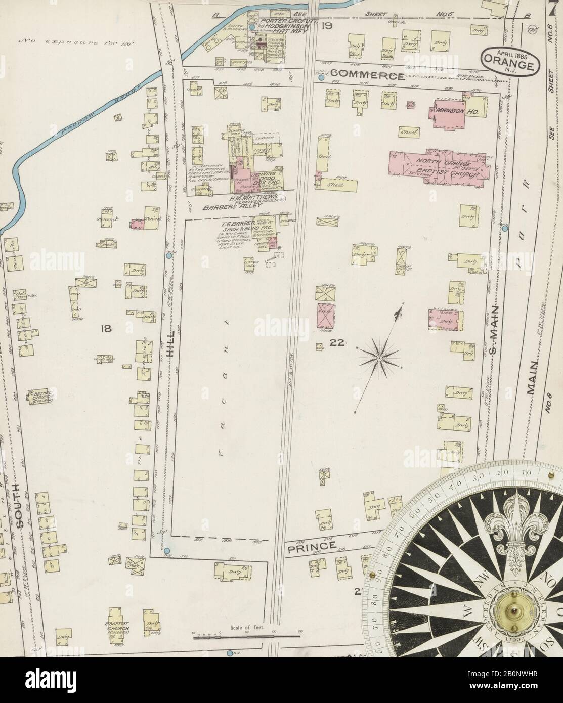 Immagine 7 Della Mappa Sanborn Fire Insurance Di Orange, Essex County, New Jersey. Apr 1885. 12 fogli, America, mappa stradale con una bussola Del Xix Secolo Foto Stock