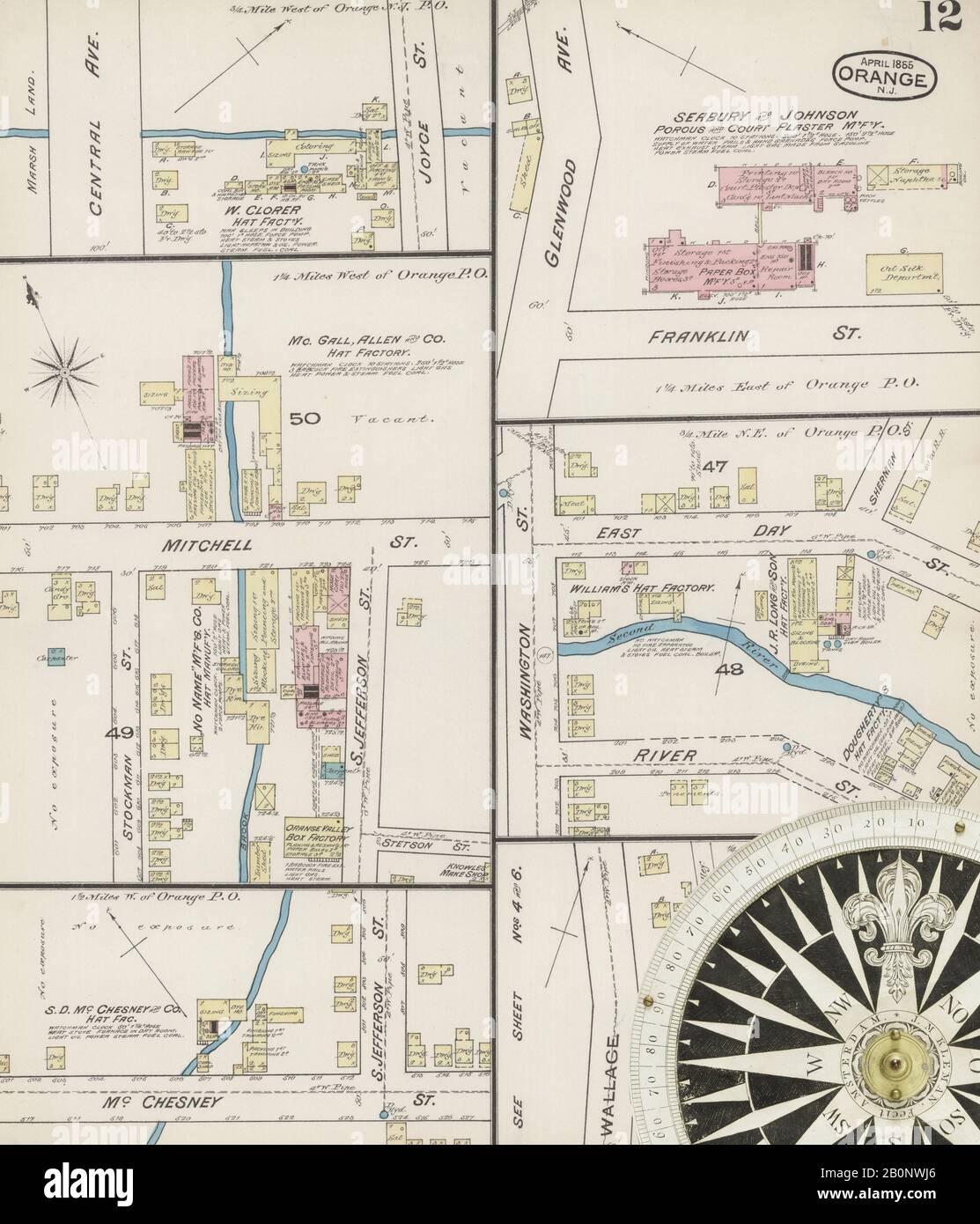 Immagine 12 Della Mappa Sanborn Fire Insurance Di Orange, Essex County, New Jersey. Apr 1885. 12 fogli, America, mappa stradale con una bussola Del Xix Secolo Foto Stock