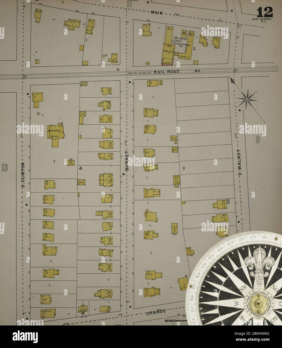 Immagine 13 Della Mappa Sanborn Fire Insurance Di Orange, Essex County, New Jersey. 1895. 121 fogli. Include Irvington, Milburn. Bound, America, mappa stradale con una bussola Del Xix Secolo Foto Stock