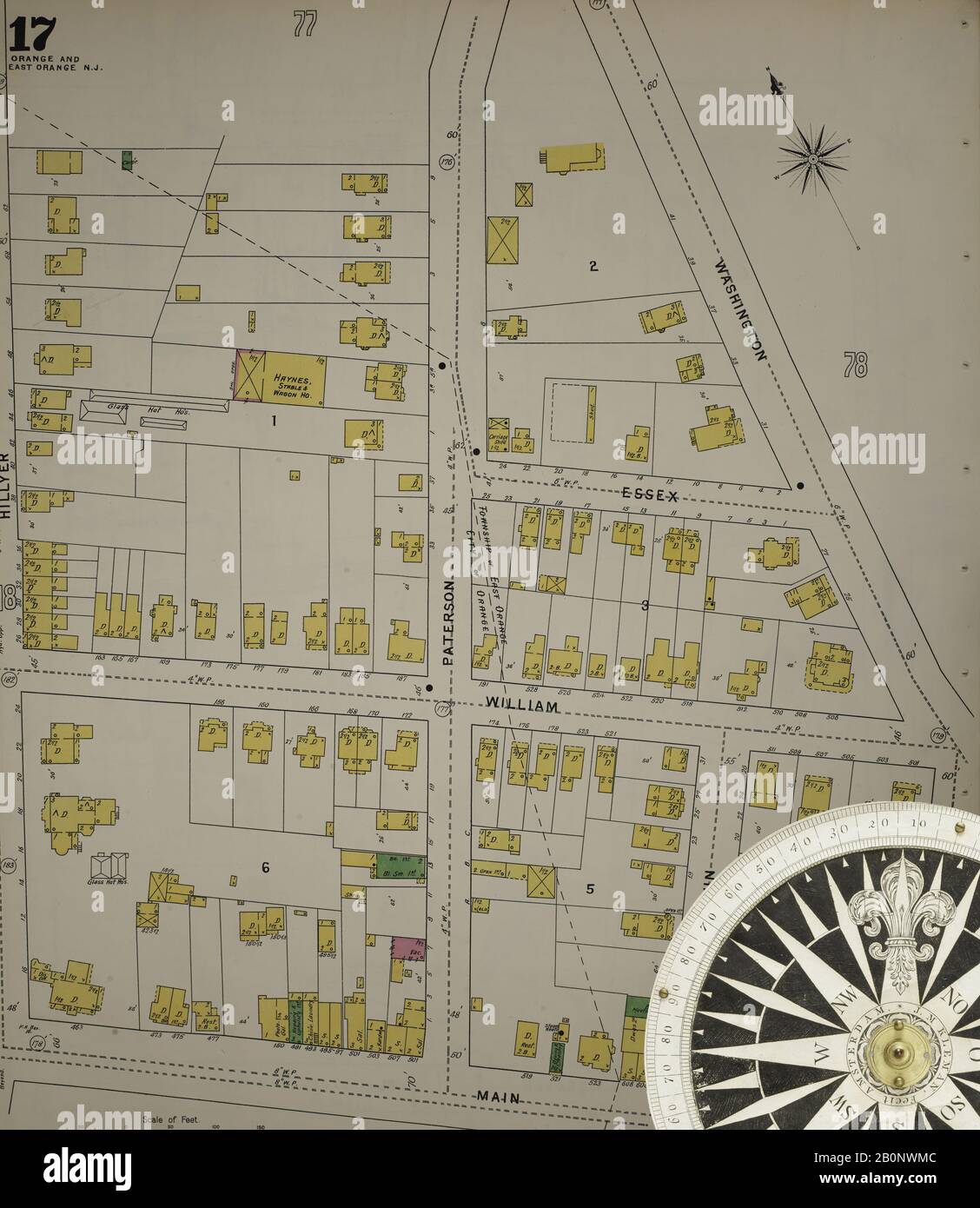 Immagine 18 Della Mappa Sanborn Fire Insurance Di Orange, Essex County, New Jersey. 1895. 121 fogli. Include Irvington, Milburn. Bound, America, mappa stradale con una bussola Del Xix Secolo Foto Stock