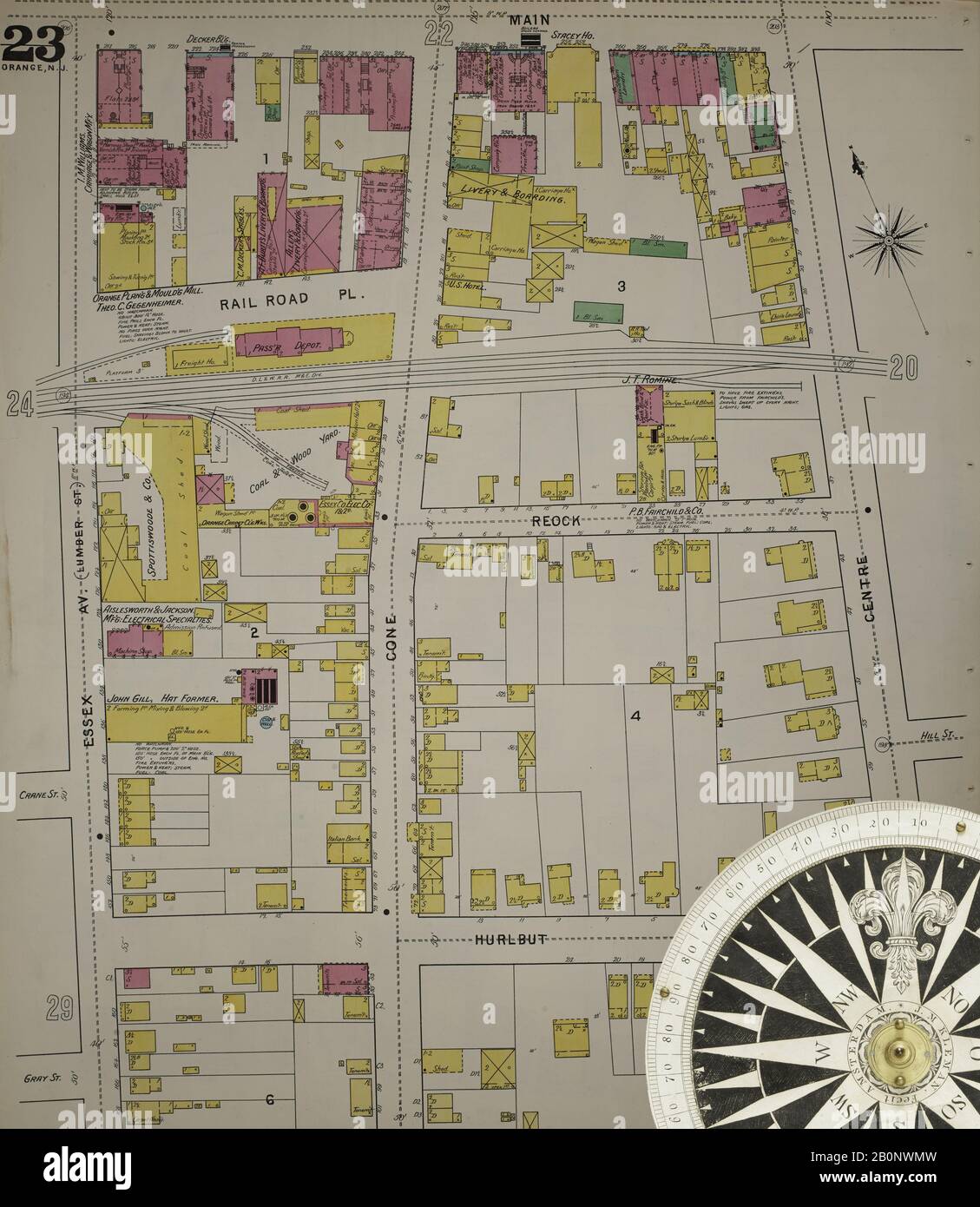 Immagine 24 Della Mappa Sanborn Fire Insurance Di Orange, Essex County, New Jersey. 1895. 121 fogli. Include Irvington, Milburn. Bound, America, mappa stradale con una bussola Del Xix Secolo Foto Stock