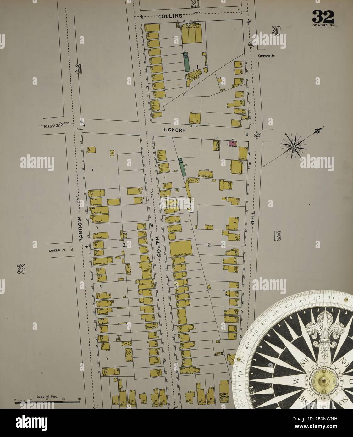 Immagine 33 Della Mappa Sanborn Fire Insurance Di Orange, Essex County, New Jersey. 1895. 121 fogli. Include Irvington, Milburn. Bound, America, mappa stradale con una bussola Del Xix Secolo Foto Stock