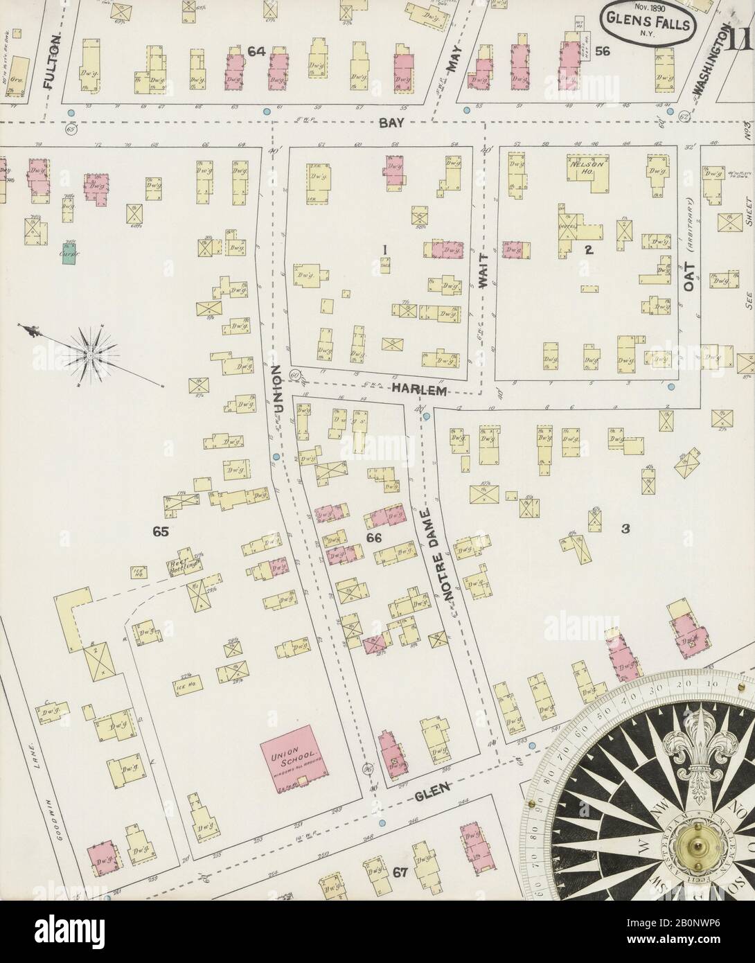 Immagine 11 Della Mappa Sanborn Fire Insurance Da Glens Falls, Warren County, New York. Nov 1890. 14 fogli, America, mappa stradale con una bussola Del Xix Secolo Foto Stock
