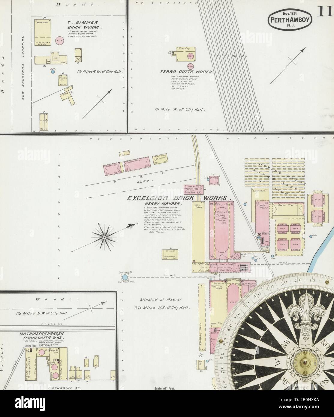 Immagine 11 Della Mappa Sanborn Fire Insurance Da Perth Amboy, Middlesex County, New Jersey. Nov 1891. 12 fogli, America, mappa stradale con una bussola Del Xix Secolo Foto Stock