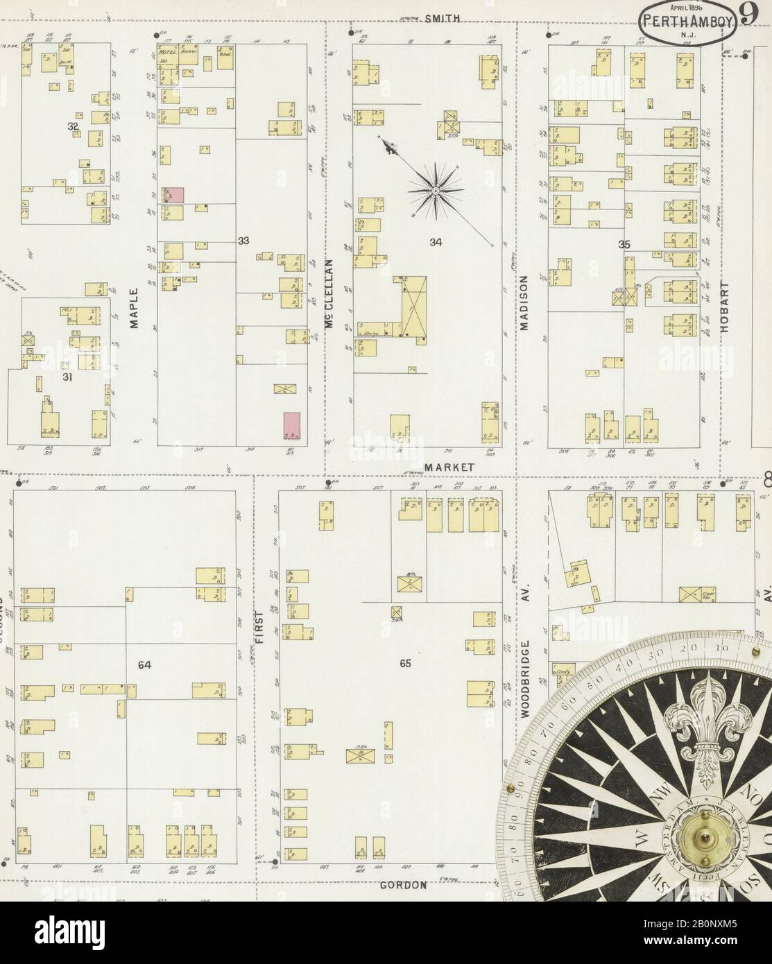 Immagine 9 Della Mappa Sanborn Fire Insurance Di Perth Amboy, Middlesex County, New Jersey. Apr 1896. 14 fogli, America, mappa stradale con una bussola Del Xix Secolo Foto Stock