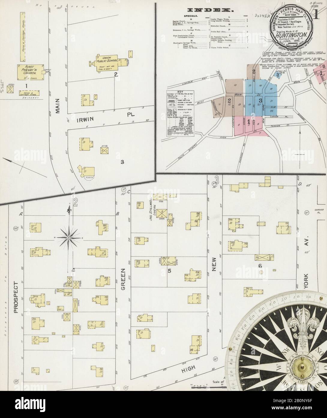 Immagine 1 Della Mappa Sanborn Fire Insurance Di Huntington, Suffolk County, New York. Giu 1892. 3 fogli, America, mappa stradale con una bussola Del Xix Secolo Foto Stock