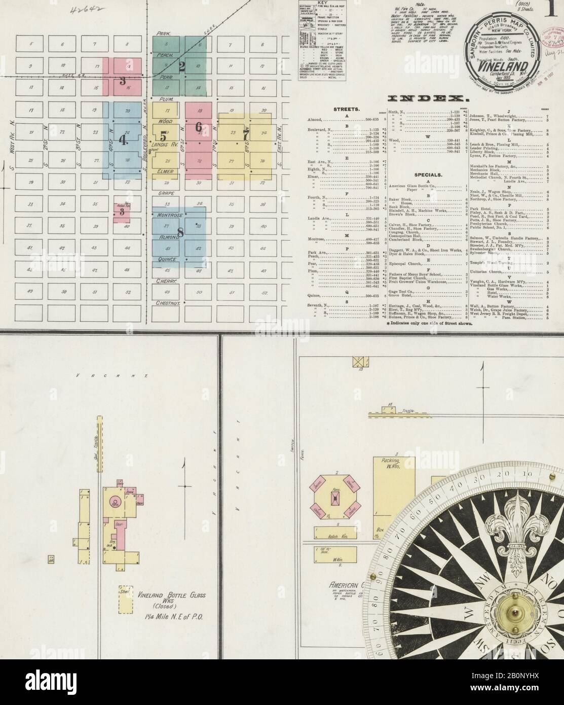 Immagine 1 Della Mappa Sanborn Fire Insurance Di Vineland, Cumberland County, New Jersey. Lug 1895. 8 fogli, America, mappa stradale con una bussola Del Xix Secolo Foto Stock