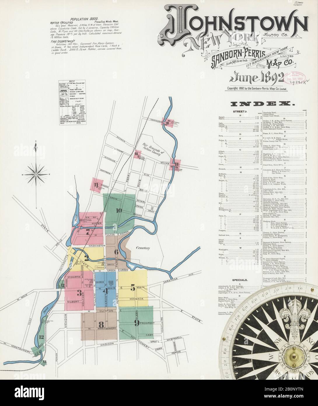 Immagine 1 Della Mappa Sanborn Fire Insurance Di Johnstown, Fulton County, New York. Giu 1892. 12 fogli, America, mappa stradale con una bussola Del Xix Secolo Foto Stock