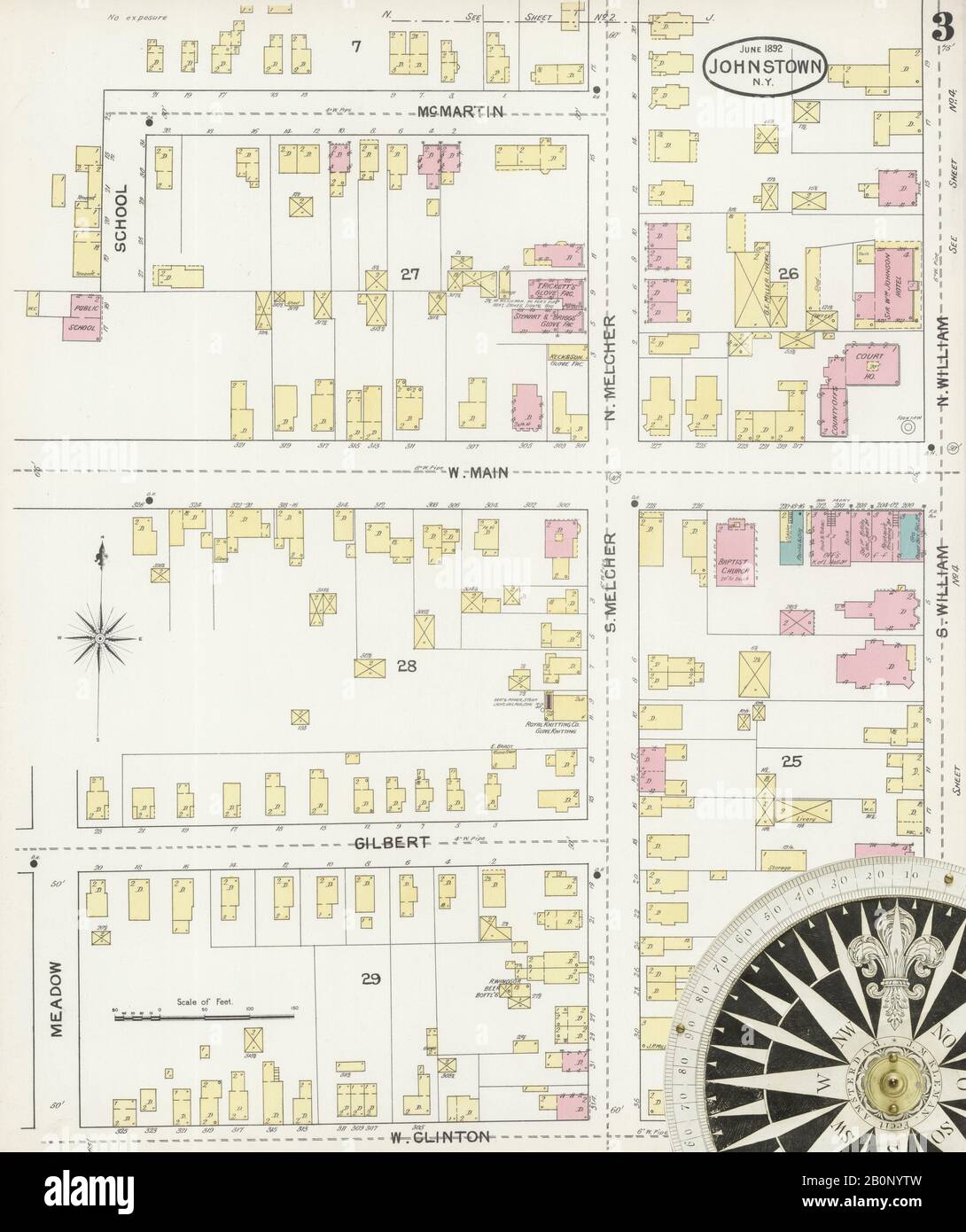 Immagine 3 Della Mappa Sanborn Fire Insurance Di Johnstown, Fulton County, New York. Giu 1892. 12 fogli, America, mappa stradale con una bussola Del Xix Secolo Foto Stock