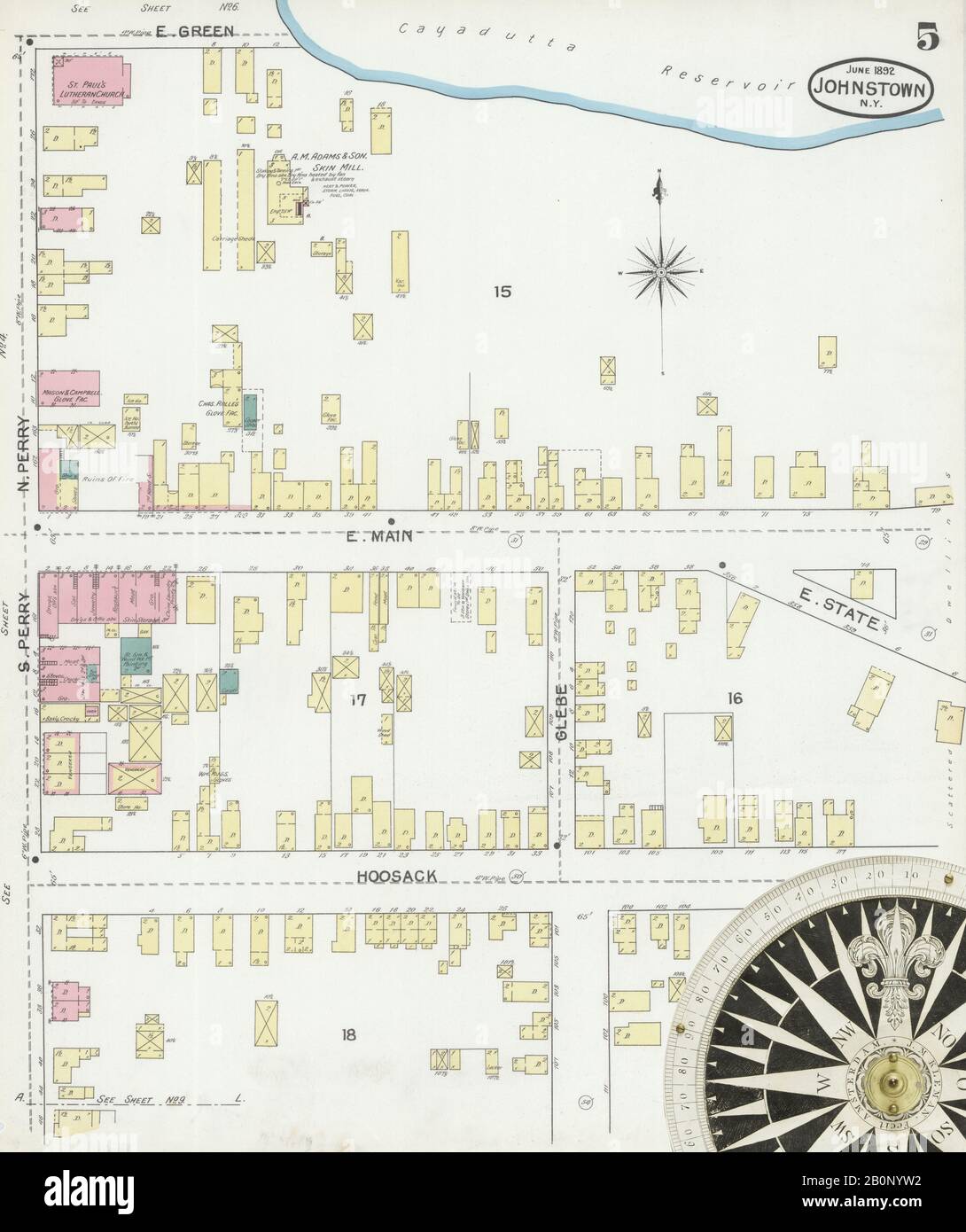 Immagine 5 Della Mappa Sanborn Fire Insurance Di Johnstown, Fulton County, New York. Giu 1892. 12 fogli, America, mappa stradale con una bussola Del Xix Secolo Foto Stock