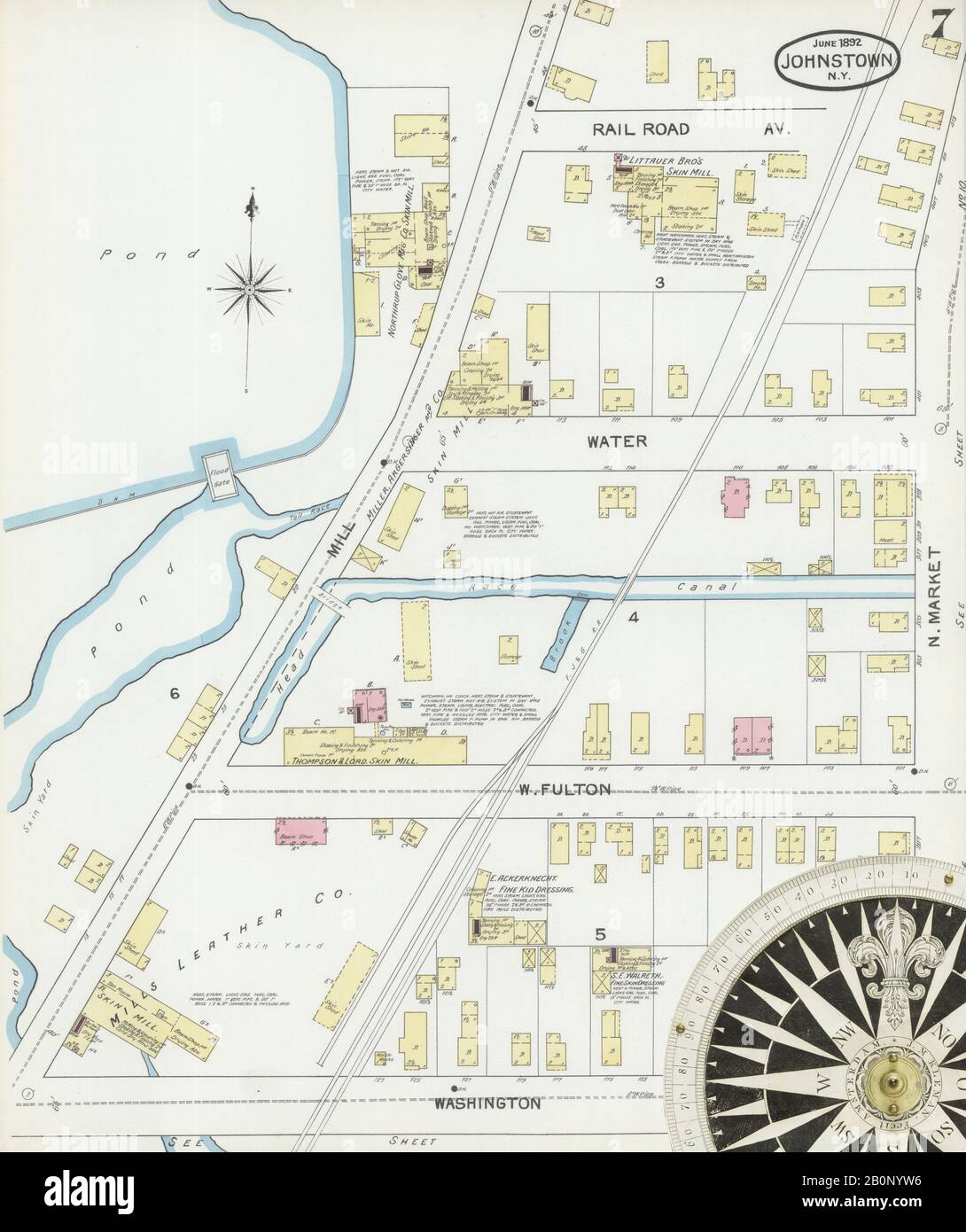 Immagine 7 Della Mappa Sanborn Fire Insurance Di Johnstown, Fulton County, New York. Giu 1892. 12 fogli, America, mappa stradale con una bussola Del Xix Secolo Foto Stock