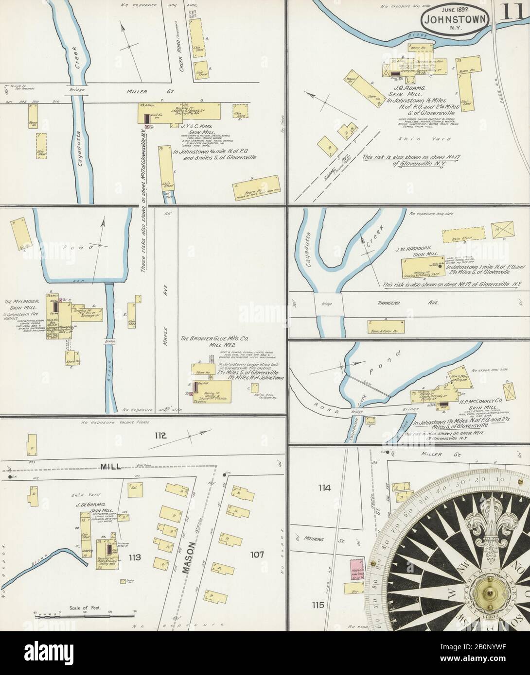 Immagine 11 Della Mappa Sanborn Fire Insurance Di Johnstown, Fulton County, New York. Giu 1892. 12 fogli, America, mappa stradale con una bussola Del Xix Secolo Foto Stock