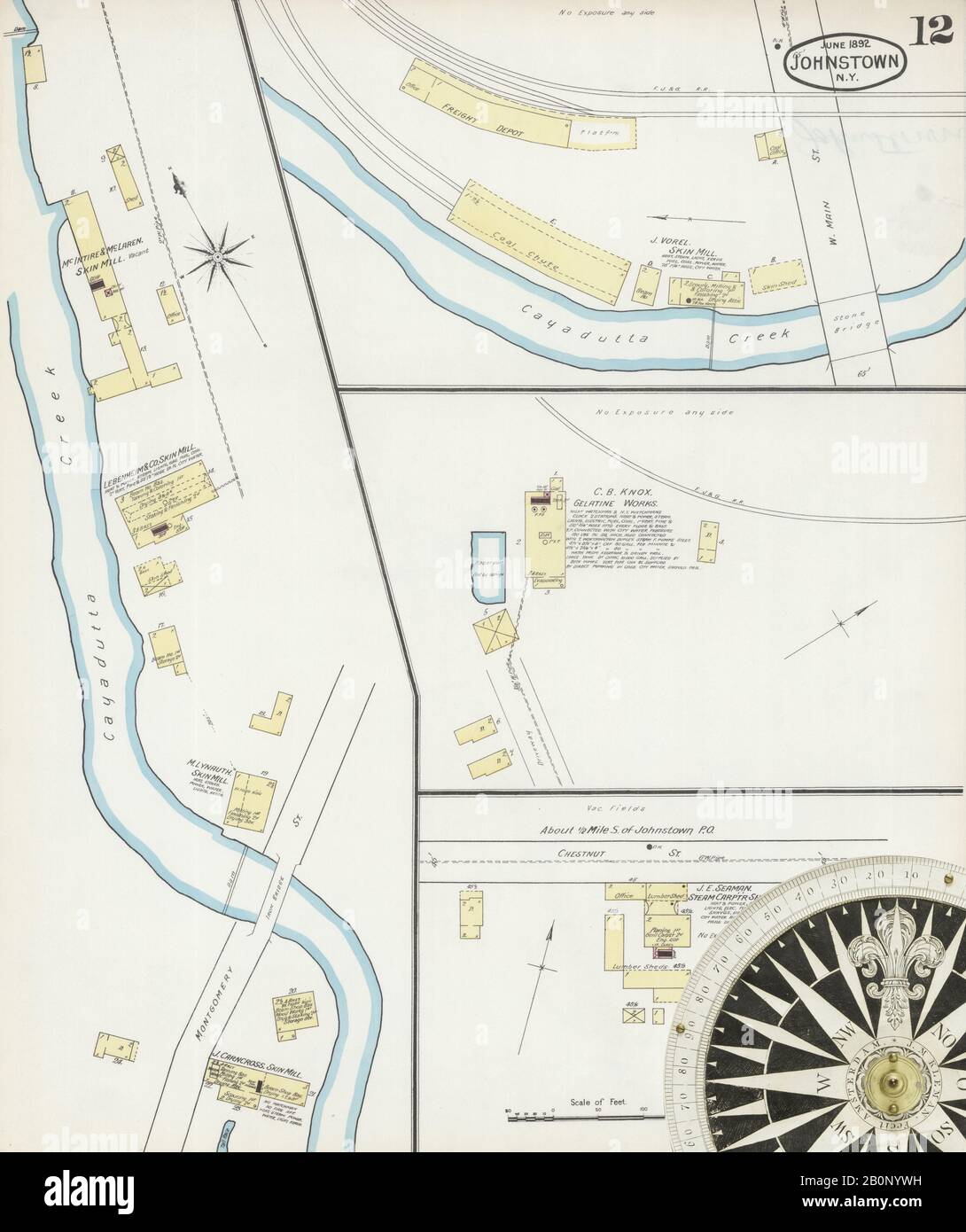Immagine 12 Della Mappa Sanborn Fire Insurance Di Johnstown, Fulton County, New York. Giu 1892. 12 fogli, America, mappa stradale con una bussola Del Xix Secolo Foto Stock