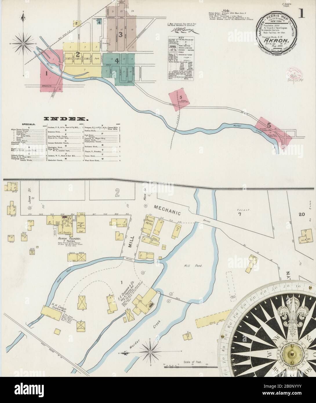 Immagine 1 Della Mappa Sanborn Fire Insurance Di Akron, Erie County, New York. Ago 1894. 5 fogli, America, mappa stradale con una bussola Del Xix Secolo Foto Stock