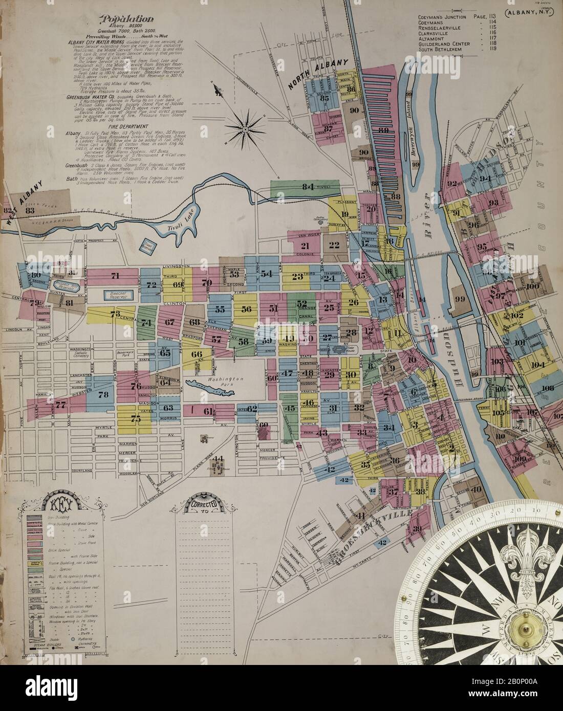 Immagine 1 Della Mappa Sanborn Fire Insurance Di Albany, Albany County, New York. 1892. 124 fogli. Include Coeymans, Coeymans Junction, Rensselaerville, Clarksville, Altamont, Guilderland Center, South Bethlehem. 3 mappe scheletriche. Bound, America, mappa stradale con una bussola Del Xix Secolo Foto Stock