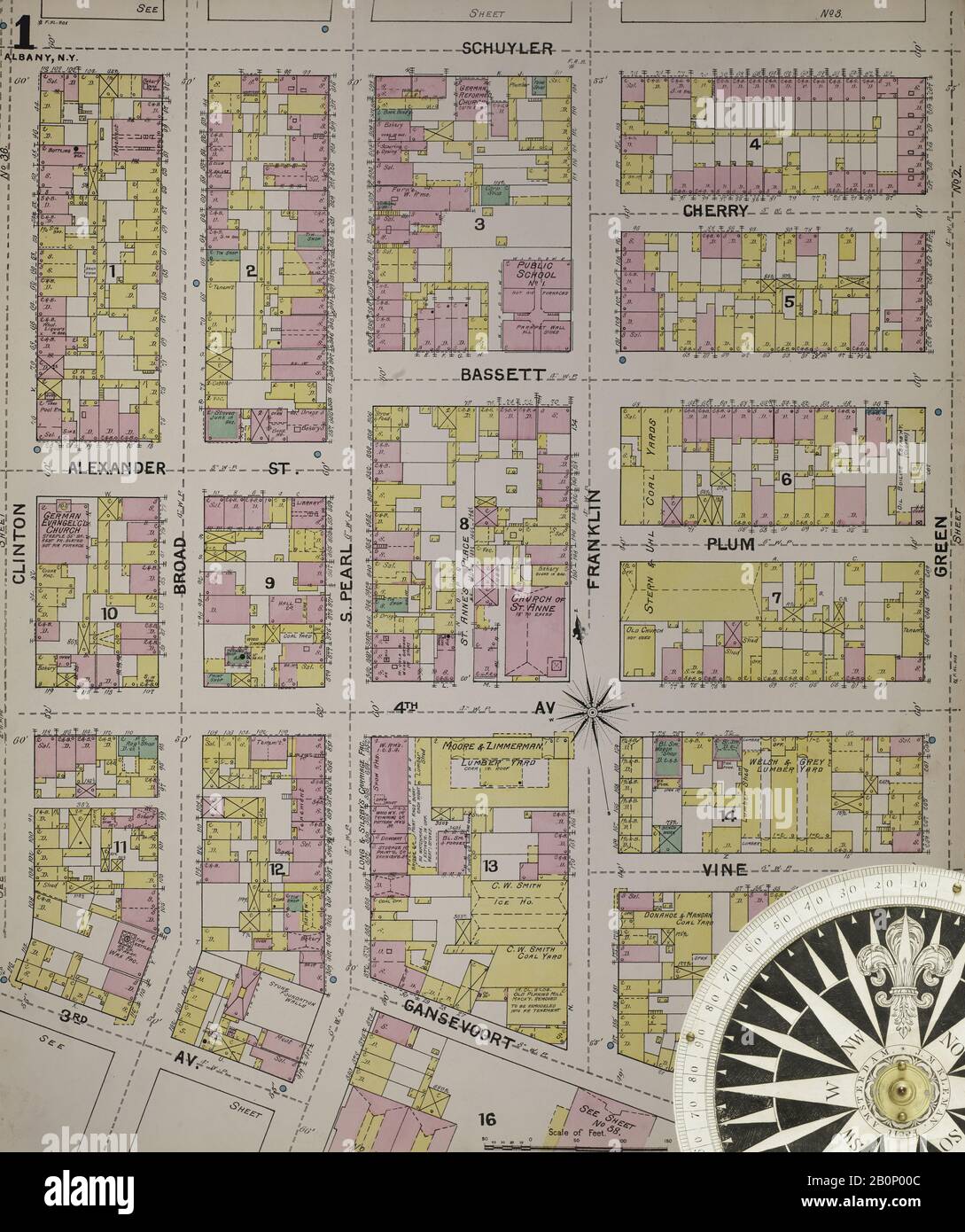 Immagine 2 Della Mappa Sanborn Fire Insurance Di Albany, Albany County, New York. 1892. 124 fogli. Include Coeymans, Coeymans Junction, Rensselaerville, Clarksville, Altamont, Guilderland Center, South Bethlehem. 3 mappe scheletriche. Bound, America, mappa stradale con una bussola Del Xix Secolo Foto Stock