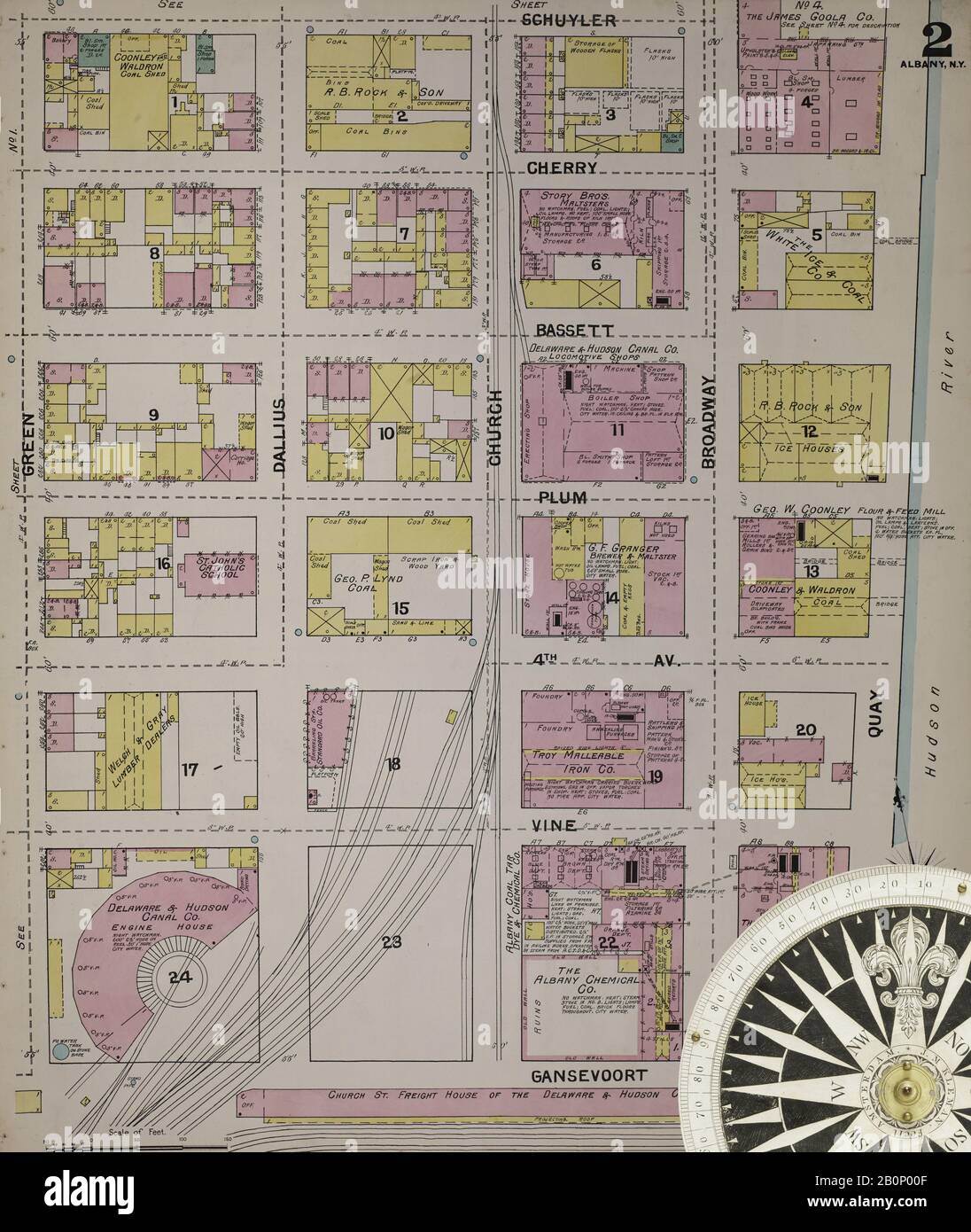 Immagine 3 Della Mappa Sanborn Fire Insurance Di Albany, Albany County, New York. 1892. 124 fogli. Include Coeymans, Coeymans Junction, Rensselaerville, Clarksville, Altamont, Guilderland Center, South Bethlehem. 3 mappe scheletriche. Bound, America, mappa stradale con una bussola Del Xix Secolo Foto Stock