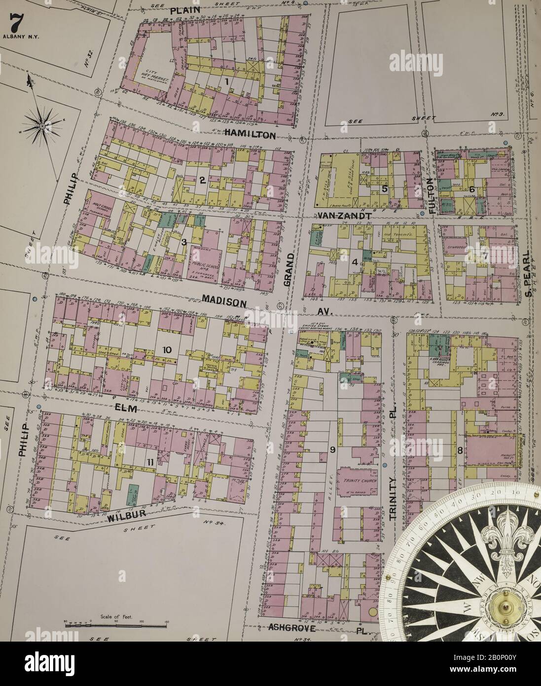 Immagine 8 Della Mappa Sanborn Fire Insurance Da Albany, Albany County, New York. 1892. 124 fogli. Include Coeymans, Coeymans Junction, Rensselaerville, Clarksville, Altamont, Guilderland Center, South Bethlehem. 3 mappe scheletriche. Bound, America, mappa stradale con una bussola Del Xix Secolo Foto Stock