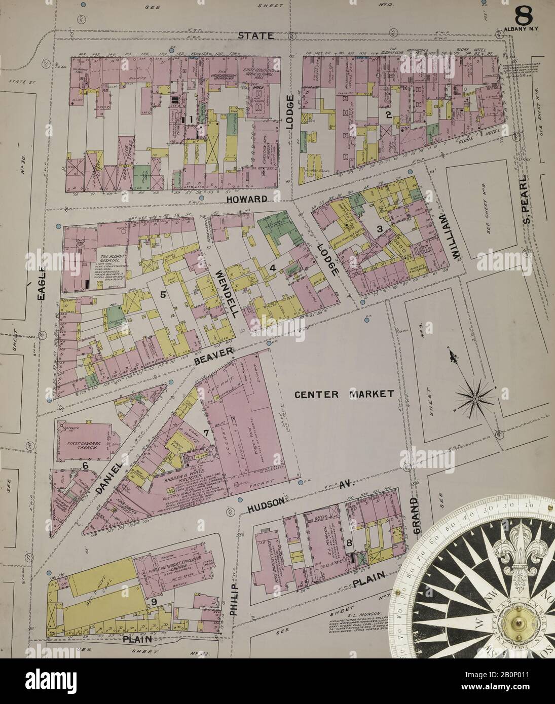 Immagine 9 Della Mappa Sanborn Fire Insurance Di Albany, Albany County, New York. 1892. 124 fogli. Include Coeymans, Coeymans Junction, Rensselaerville, Clarksville, Altamont, Guilderland Center, South Bethlehem. 3 mappe scheletriche. Bound, America, mappa stradale con una bussola Del Xix Secolo Foto Stock