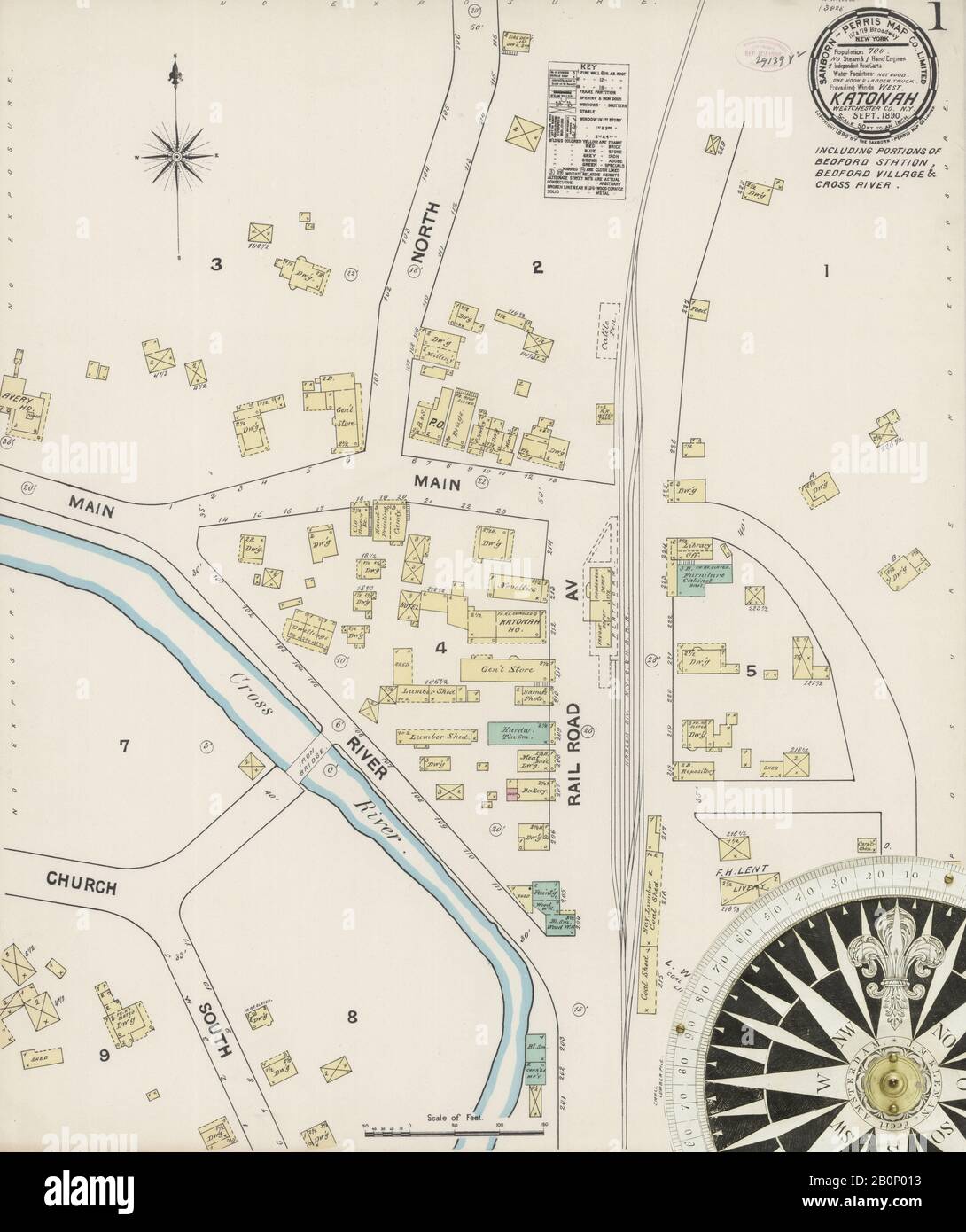 Immagine 1 Della Mappa Sanborn Fire Insurance Di Katonah, Westchester County, New York. Set 1890. 2 fogli. Comprende Porzioni di Bedford Station, Bedford Village, Cross River, America, mappa stradale con una bussola Ottocentesca Foto Stock