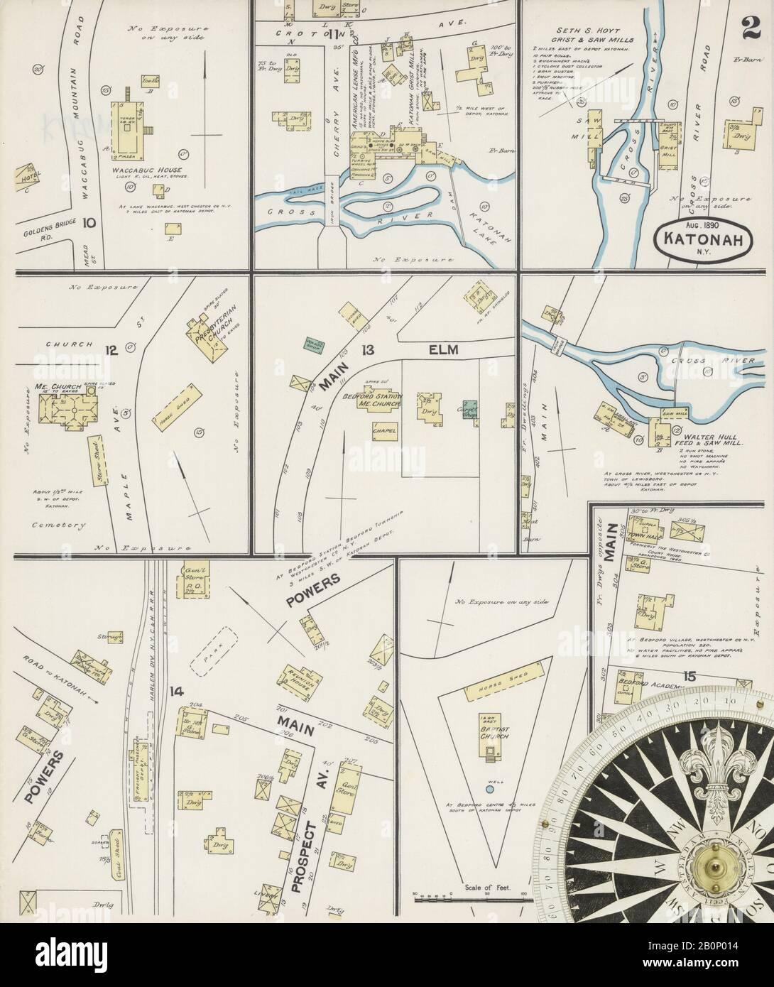 Immagine 2 Della Mappa Sanborn Fire Insurance Di Katonah, Westchester County, New York. Set 1890. 2 fogli. Comprende Porzioni di Bedford Station, Bedford Village, Cross River, America, mappa stradale con una bussola Ottocentesca Foto Stock