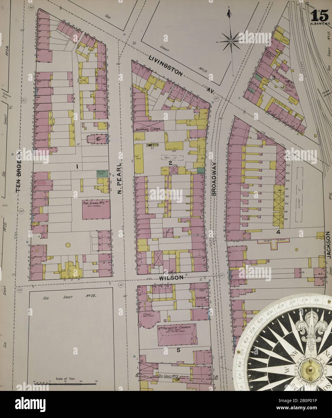Immagine 19 Della Mappa Sanborn Fire Insurance Di Albany, Albany County, New York. 1892. 124 fogli. Include Coeymans, Coeymans Junction, Rensselaerville, Clarksville, Altamont, Guilderland Center, South Bethlehem. 3 mappe scheletriche. Bound, America, mappa stradale con una bussola Del Xix Secolo Foto Stock