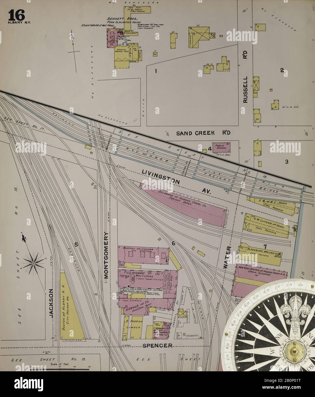 Immagine 20 Della Mappa Sanborn Fire Insurance Di Albany, Albany County, New York. 1892. 124 fogli. Include Coeymans, Coeymans Junction, Rensselaerville, Clarksville, Altamont, Guilderland Center, South Bethlehem. 3 mappe scheletriche. Bound, America, mappa stradale con una bussola Del Xix Secolo Foto Stock