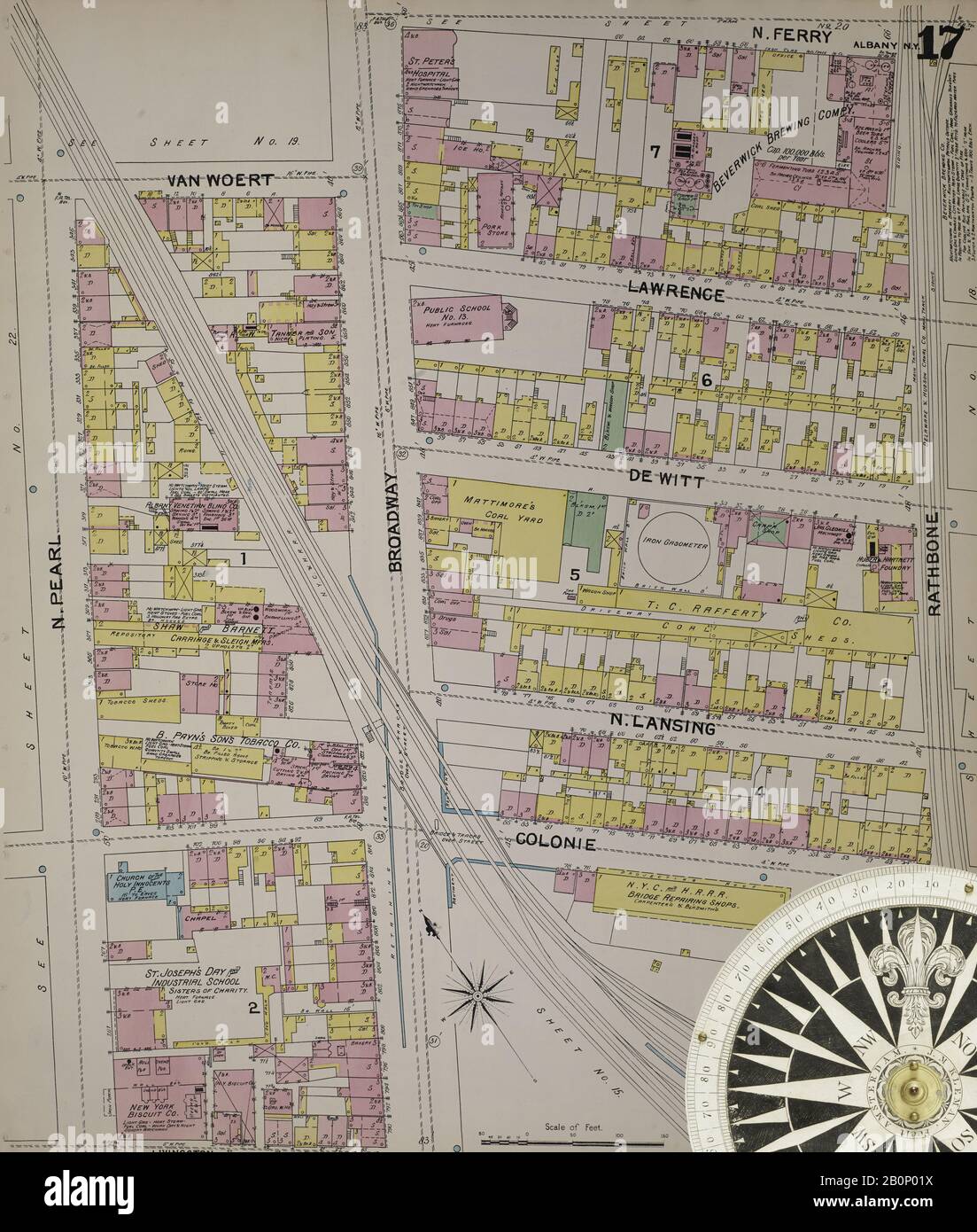 Immagine 21 Della Mappa Sanborn Fire Insurance Di Albany, Albany County, New York. 1892. 124 fogli. Include Coeymans, Coeymans Junction, Rensselaerville, Clarksville, Altamont, Guilderland Center, South Bethlehem. 3 mappe scheletriche. Bound, America, mappa stradale con una bussola Del Xix Secolo Foto Stock