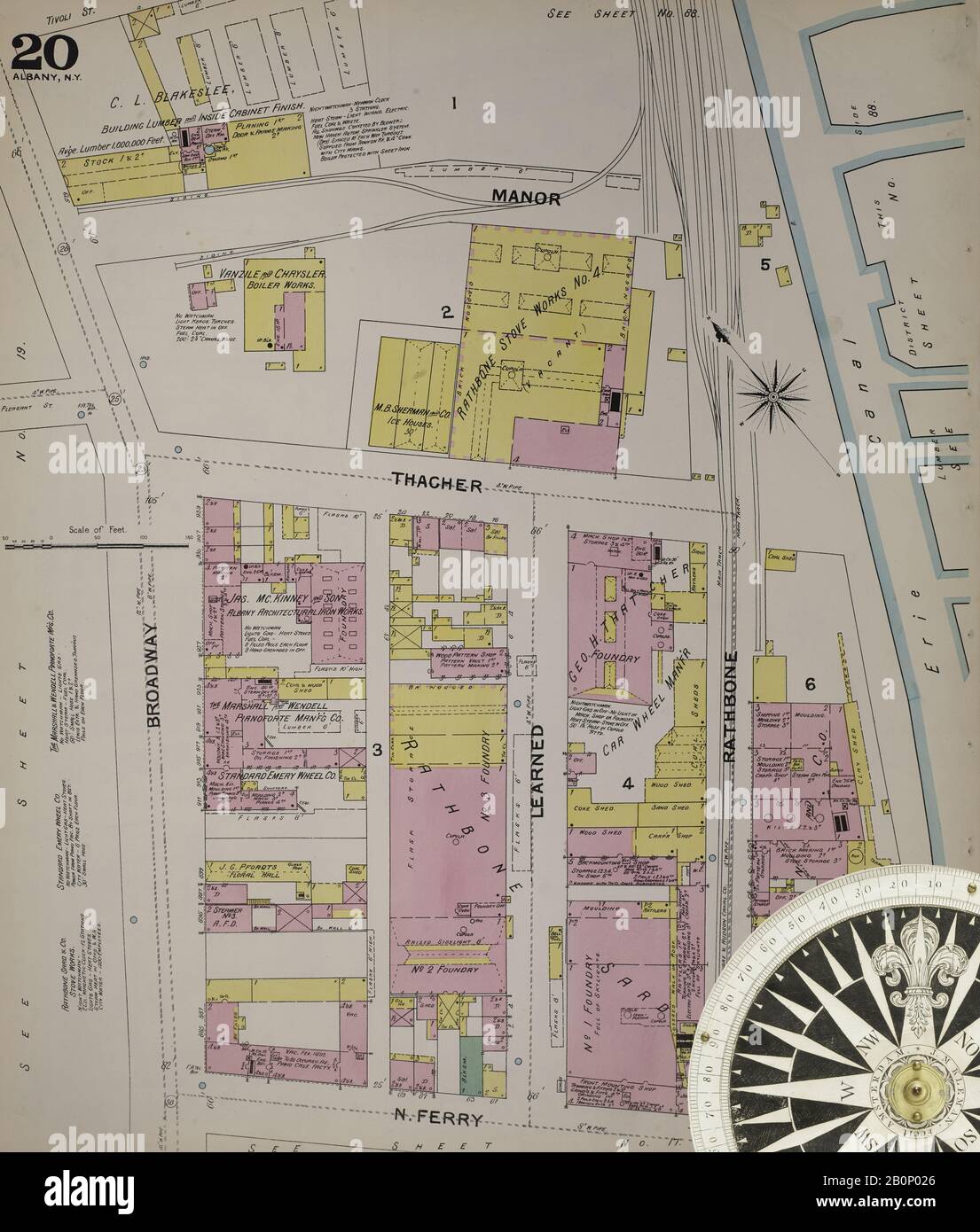 Immagine 24 Della Mappa Sanborn Fire Insurance Da Albany, Albany County, New York. 1892. 124 fogli. Include Coeymans, Coeymans Junction, Rensselaerville, Clarksville, Altamont, Guilderland Center, South Bethlehem. 3 mappe scheletriche. Bound, America, mappa stradale con una bussola Del Xix Secolo Foto Stock