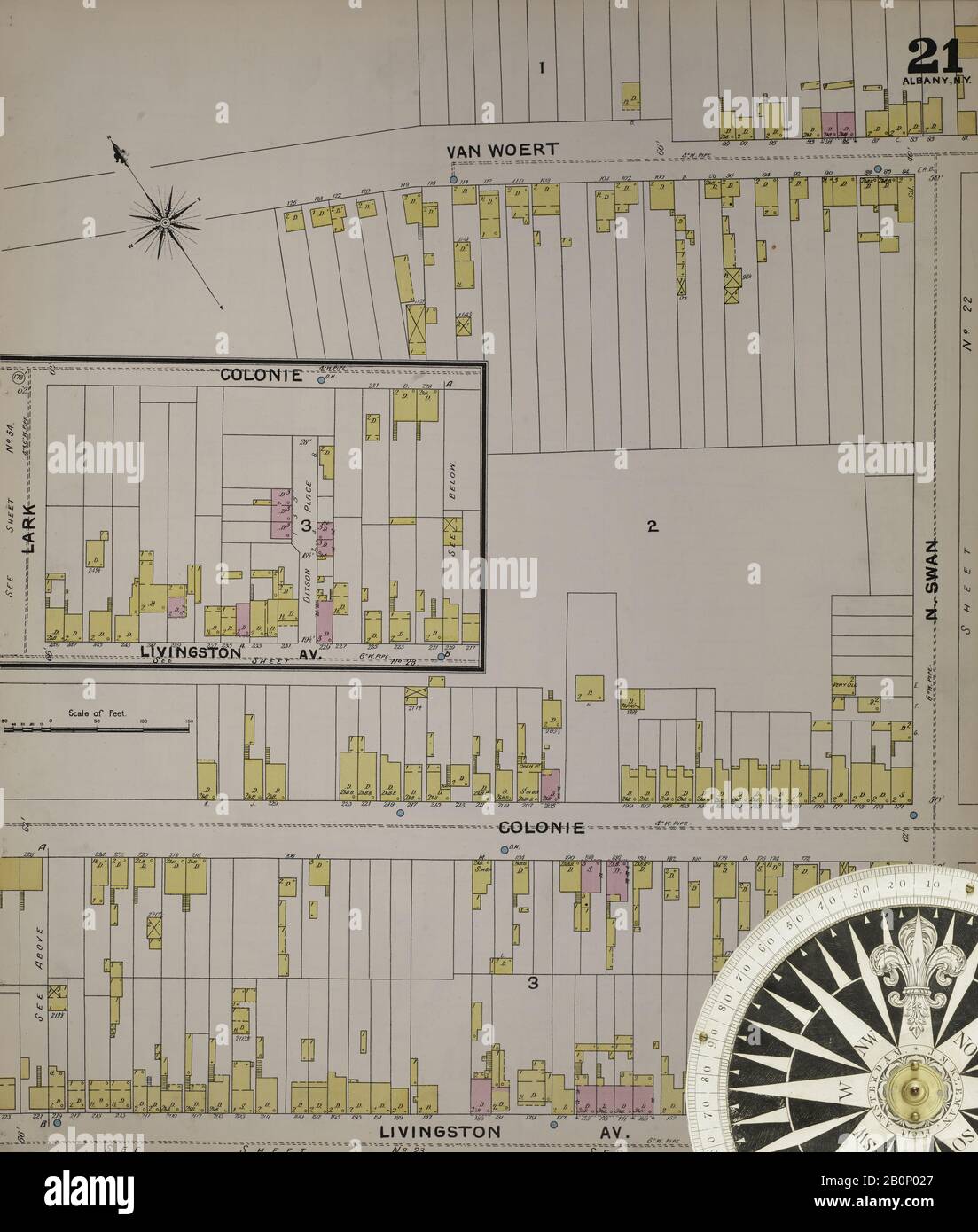 Immagine 25 Della Mappa Sanborn Fire Insurance Di Albany, Albany County, New York. 1892. 124 fogli. Include Coeymans, Coeymans Junction, Rensselaerville, Clarksville, Altamont, Guilderland Center, South Bethlehem. 3 mappe scheletriche. Bound, America, mappa stradale con una bussola Del Xix Secolo Foto Stock