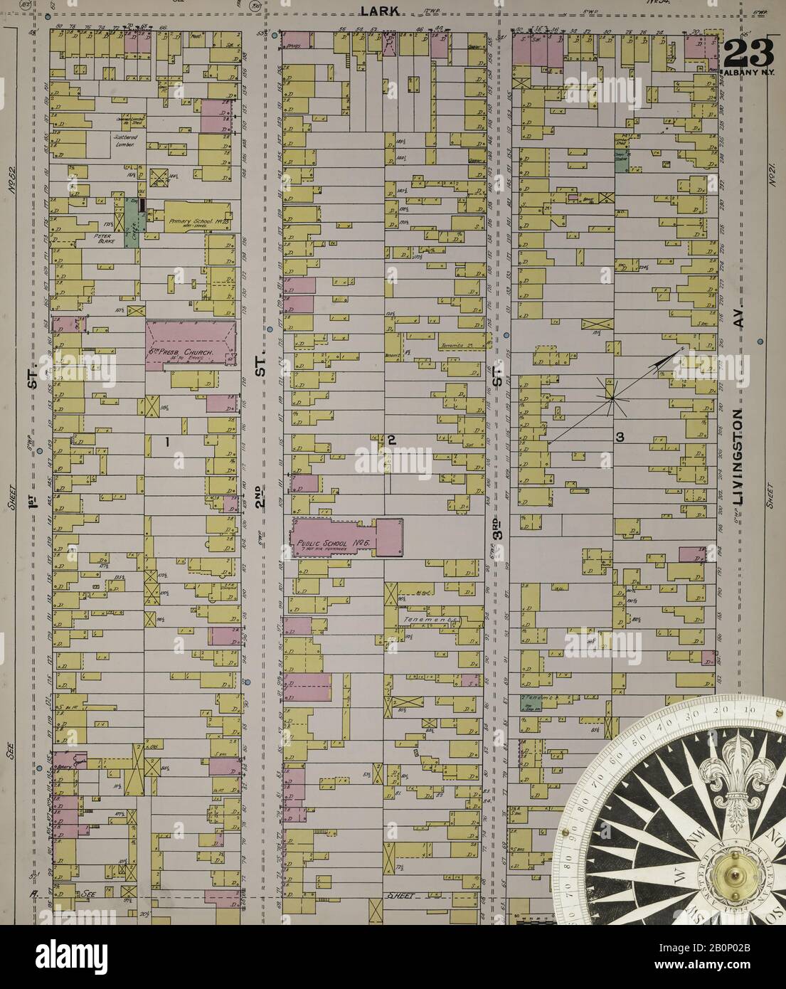 Immagine 27 Della Mappa Sanborn Fire Insurance Di Albany, Albany County, New York. 1892. 124 fogli. Include Coeymans, Coeymans Junction, Rensselaerville, Clarksville, Altamont, Guilderland Center, South Bethlehem. 3 mappe scheletriche. Bound, America, mappa stradale con una bussola Del Xix Secolo Foto Stock