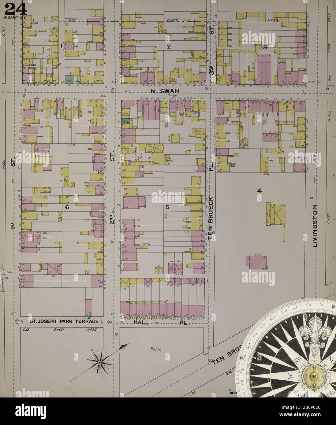 Immagine 28 Della Mappa Sanborn Fire Insurance Di Albany, Albany County, New York. 1892. 124 fogli. Include Coeymans, Coeymans Junction, Rensselaerville, Clarksville, Altamont, Guilderland Center, South Bethlehem. 3 mappe scheletriche. Bound, America, mappa stradale con una bussola Del Xix Secolo Foto Stock